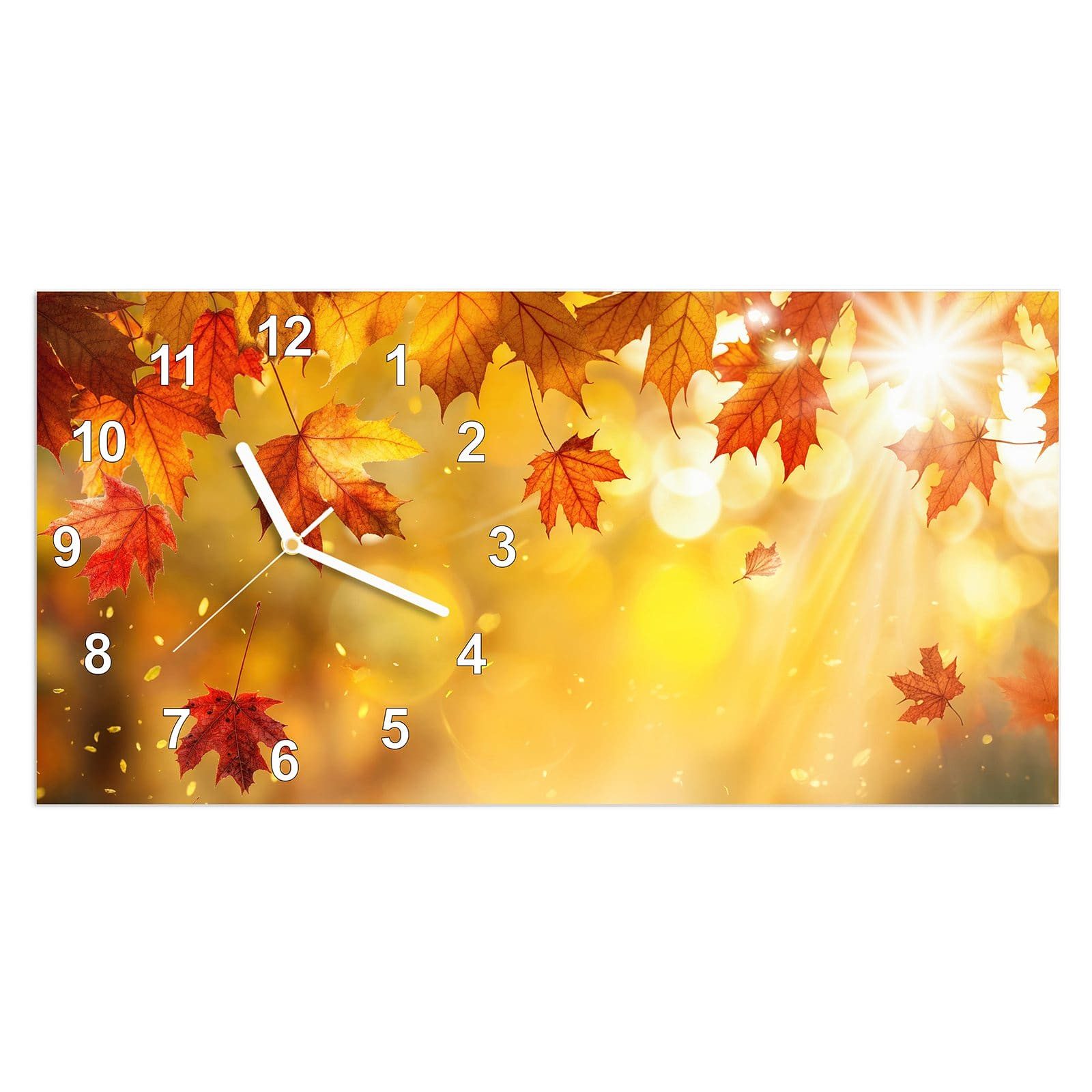 Wanduhr Glasuhr Wandkunst Größe 60 x 30 cm mit Motiv Herbstblätter Sonne