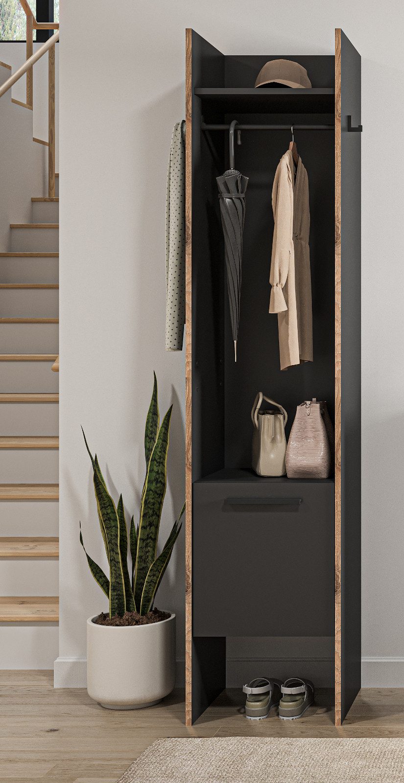 Inn.Furn Kompaktgarderobe Salud (Garderobe in Basalt Grau mit Eiche, 42 x 189 cm) mit Kleiderstange, Kleiderhaken und Staufach