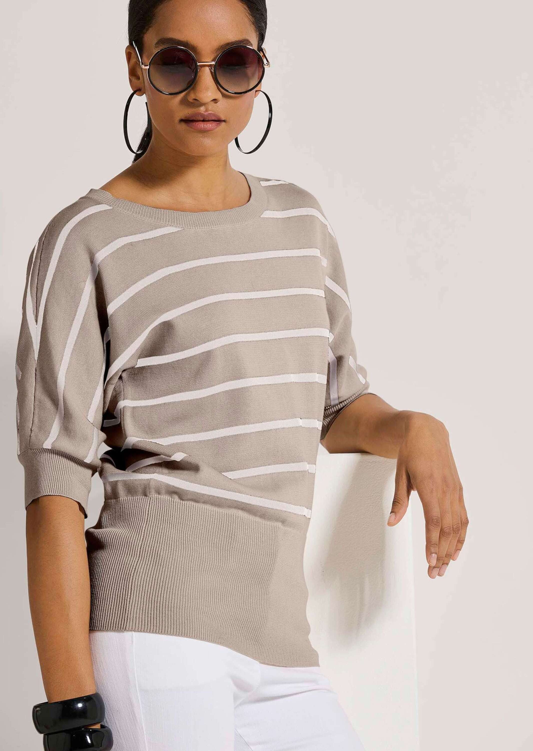 MADELEINE Strickpullover Ringelpullover im maritimen Look Halbarmshirt mit markantem Rippenbund und U-Boot-Ausschnitt