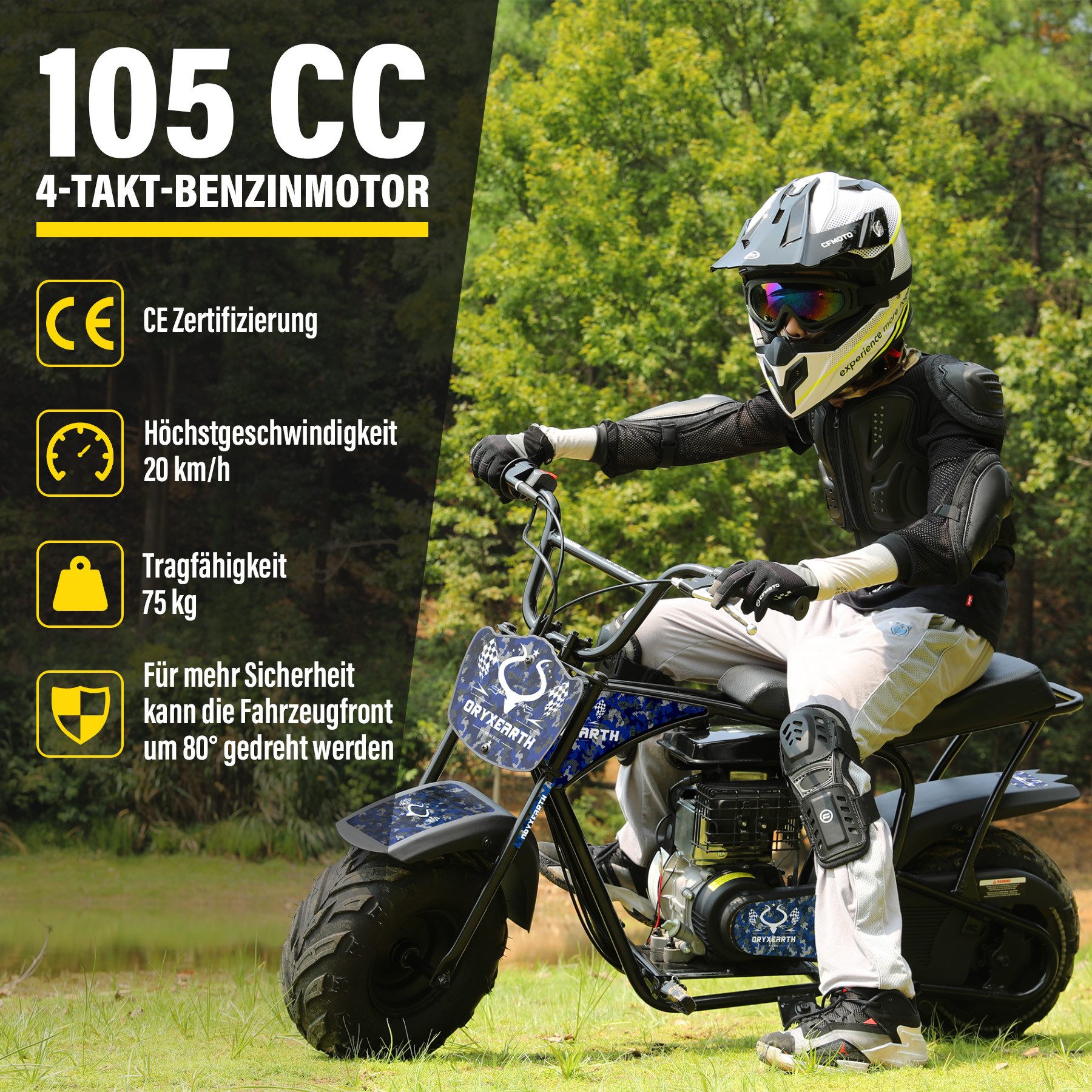 Oryxearth Dirt-Bike Pocket bike Minicross 105cc 20km/h Gasbetriebenes Offroad-Motorrad