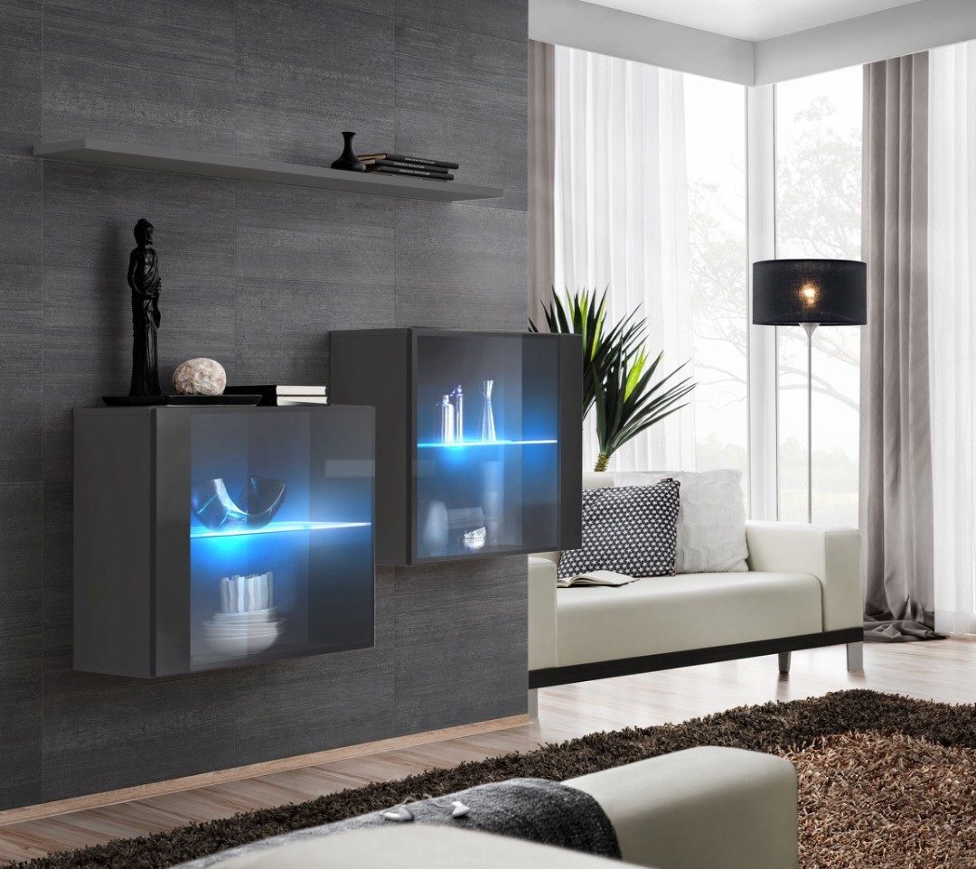 Xlmoebel Hängeschrank Graue Wohnkommode aus Holz mit luxuriösem Design (3-St., 2x Hänge Vitrine + Wandregal) Hergestellt in Europa