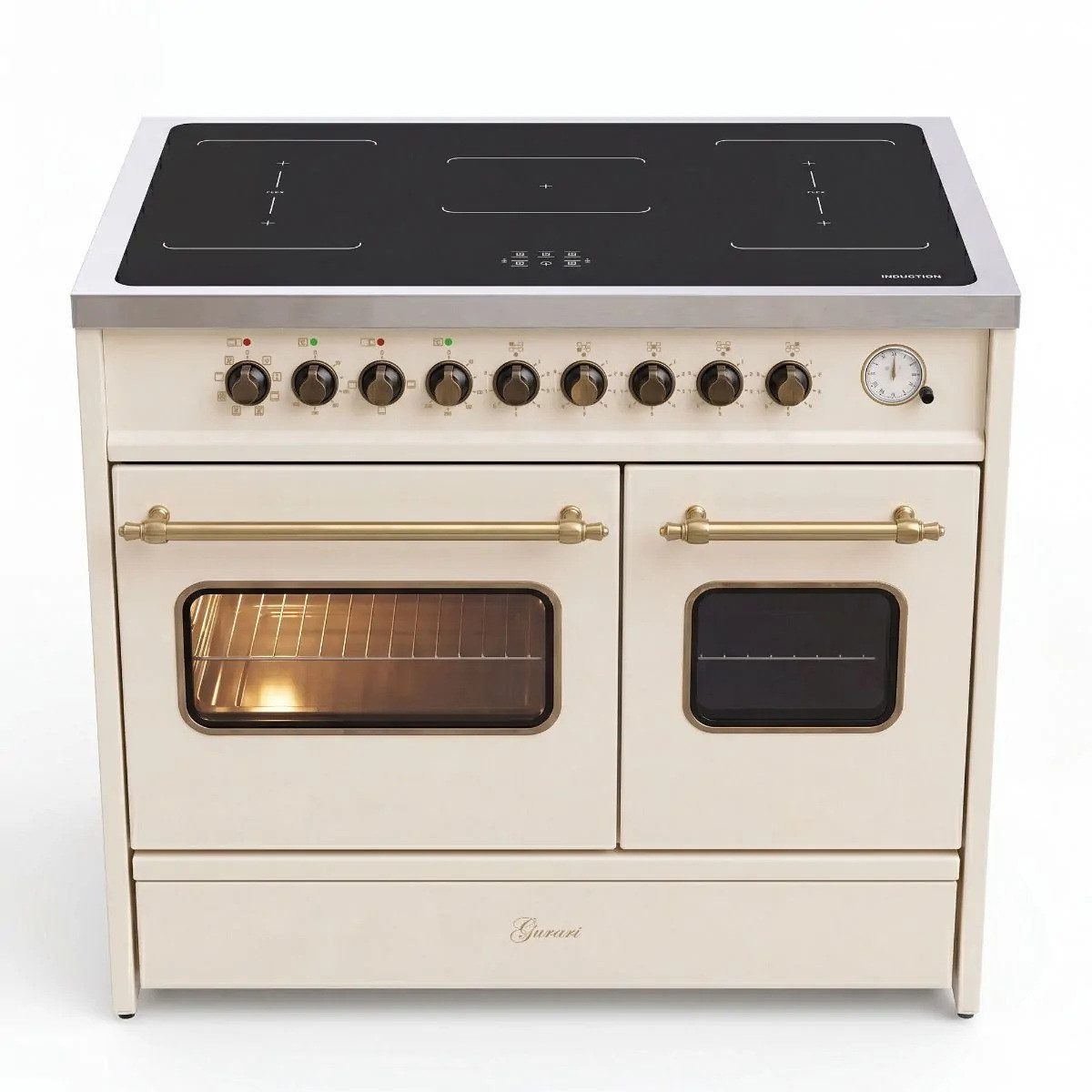 GURARI Induktions-Standherd Retro Elektro Standherd 90 cm, Range Coocker mit FLEX Induktion und 2 Backofen GCH E 913 DF CR., mit 1-fach-Teleskopauszug