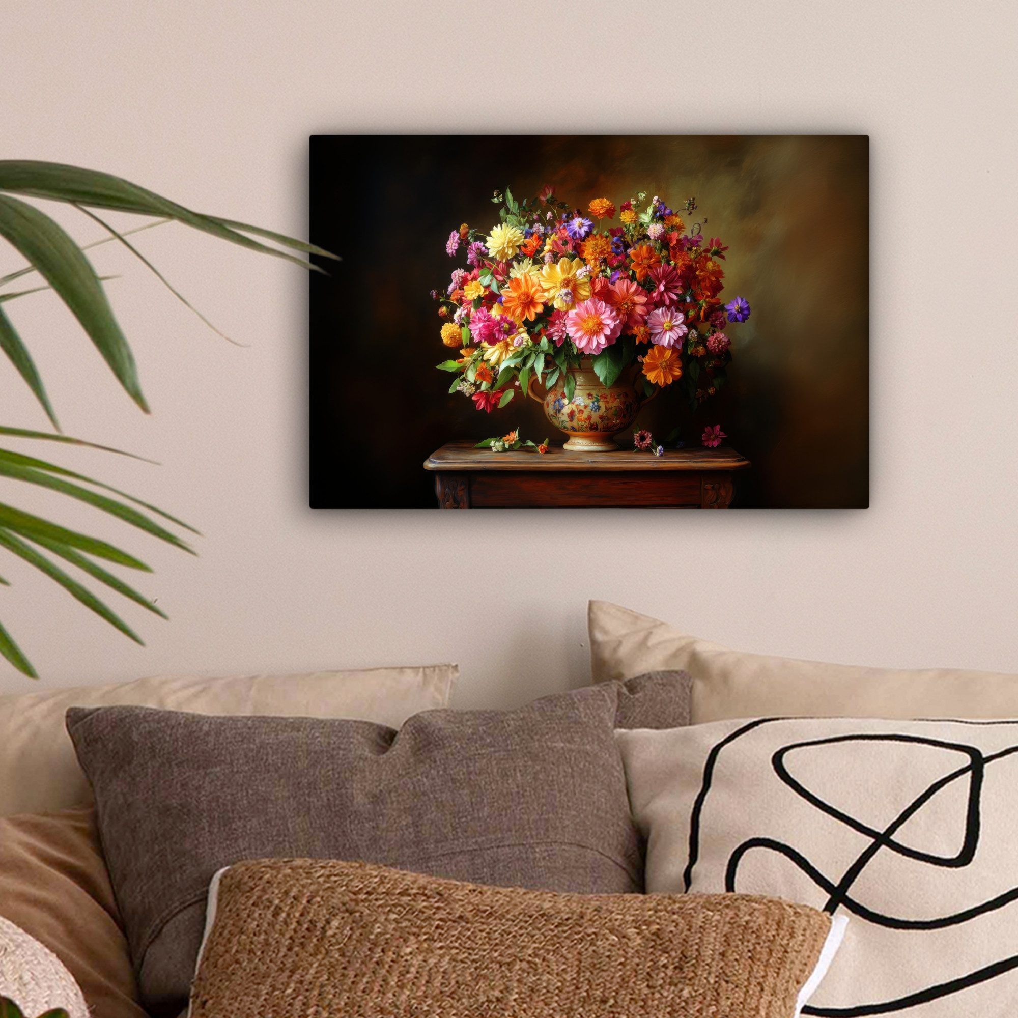 OneMillionCanvasses® Leinwandbild Farben - Blumenstrauß - Vase - Holz, Fotodruck (1 St), Leinwand Bilder Klein, Wand Dekoration Aesthetic 30x20 cm