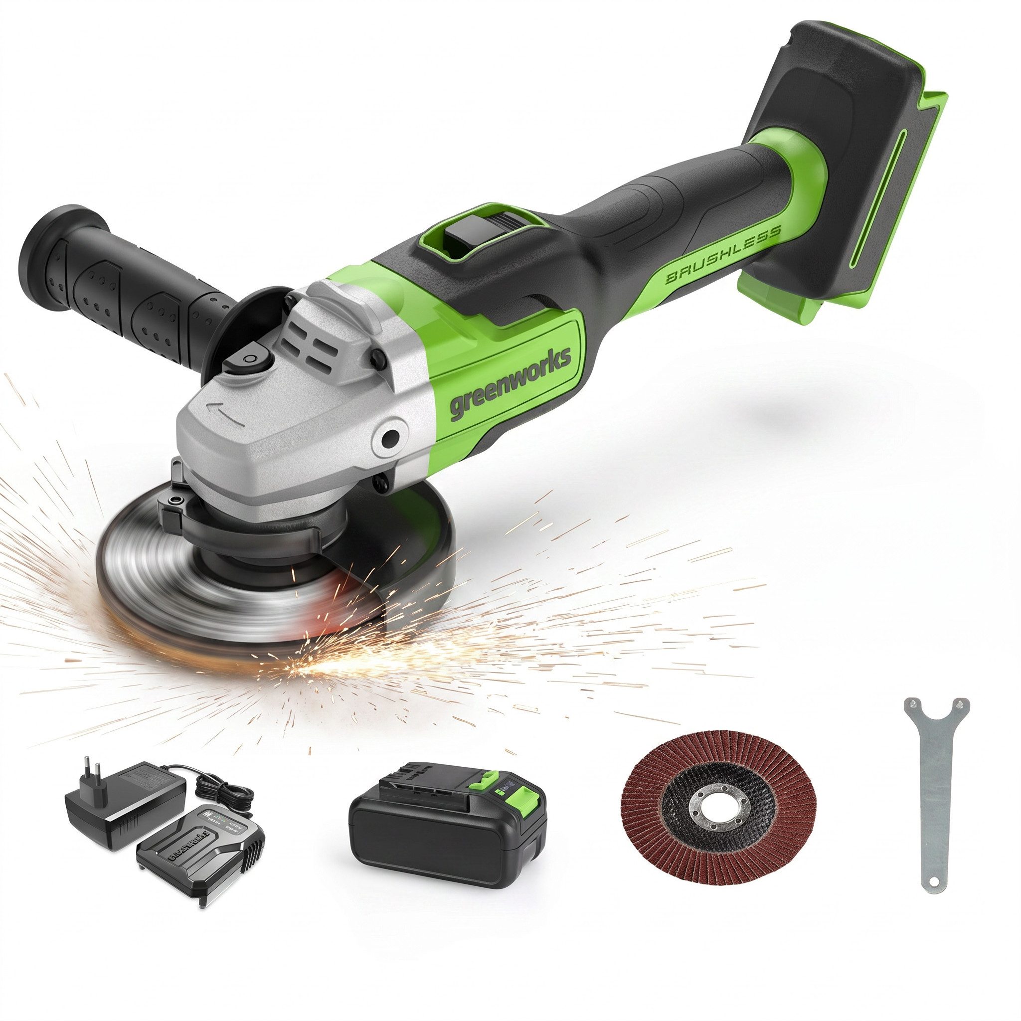 Greenworks Akku-Winkelschleifer Winkelschleifer 24V Brushless 100 mm, mit 10.500 U/min, 4.0Ah Akku, max. 10500 U/min, Winkelschleifer mit Schnellladegerät für Werkstätten Gärten Heimbüros