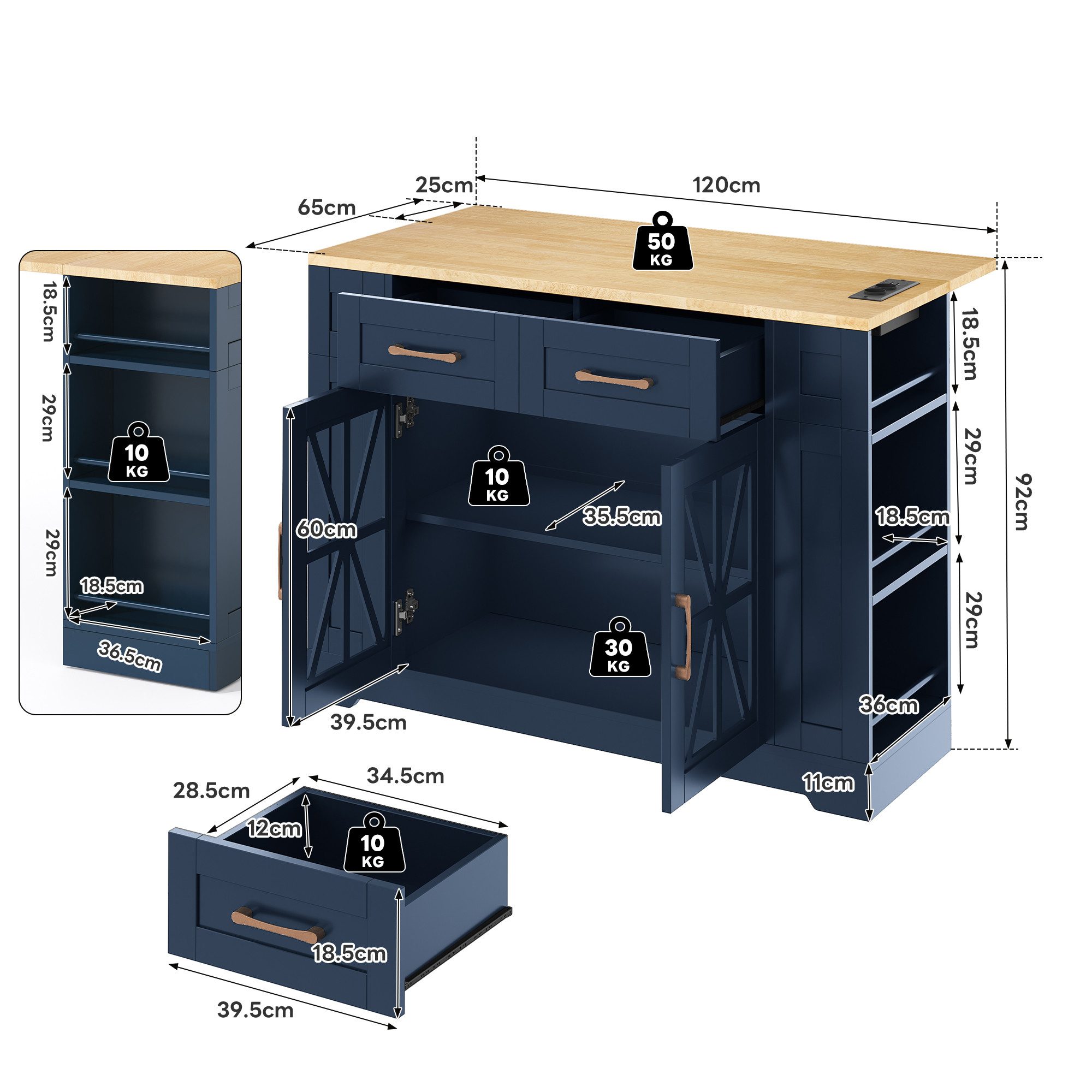 BlingBin Kücheninsel Küchenwagen Esstisch mit klappbarer Tischplatte & Rollen mit Bremsen, (offener Ablage, verstellbares Laminat,2 Glastüren,2 Schubladen), 2 AC-Anschluss und USB-Anschluss, 120L x 40(65)B x 92H cm