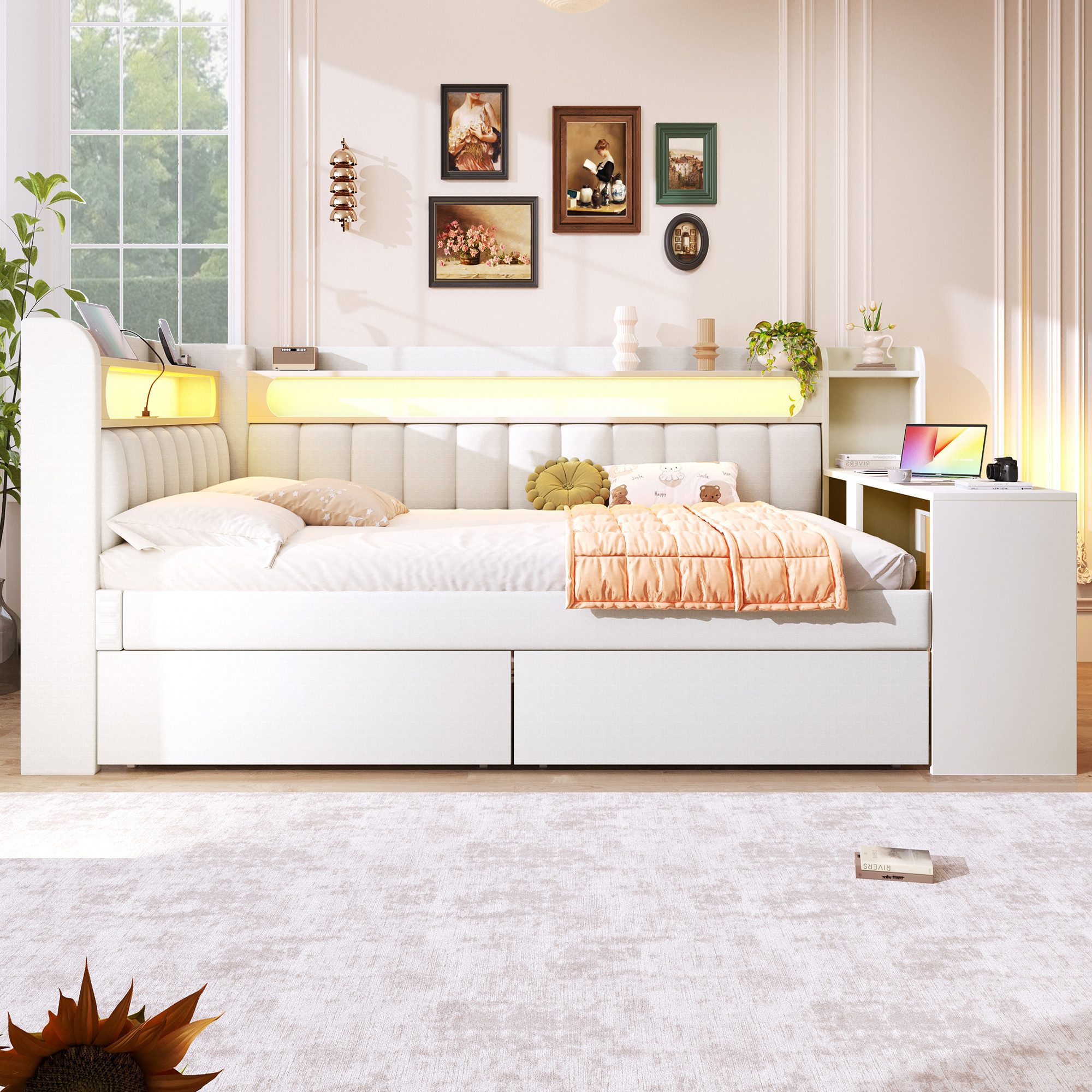 Flieks Daybett, Polsterbett 140x200cm mit 2 Schubladen, USB, LED und Schreibtisch
