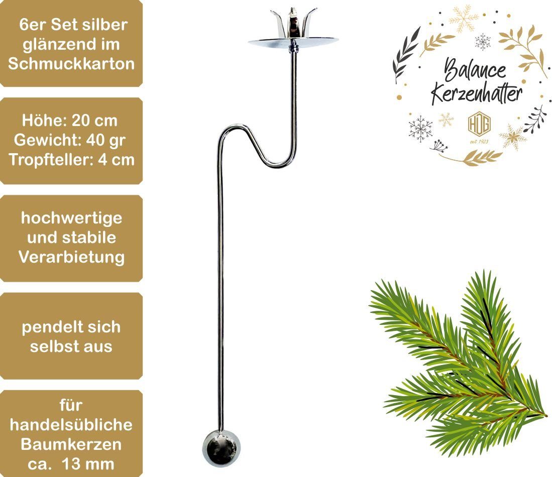 hdg Christbaumschmuck Kerzenhalter Balancehalter silber glänzend für Weihnachtsbaum, Pendelhalter 6 Stück im Schmuckkarton