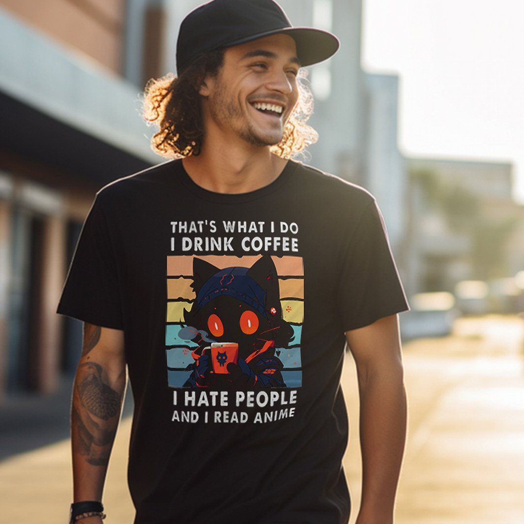 Anime Katze Herren Spruch T-Shirt Jungs, MAKAYA Hate Kaffee Jugendliche Geschenk Lustig People Ideen