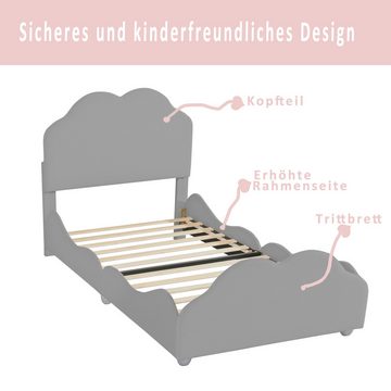 Ulife Polsterbett Kinderbett Einzelbett Gästebett 90 x 200 cm, Samt, mit wolkenförmigem Kopf- und Fußteil, hohes Geländer-Kinderbettgestell