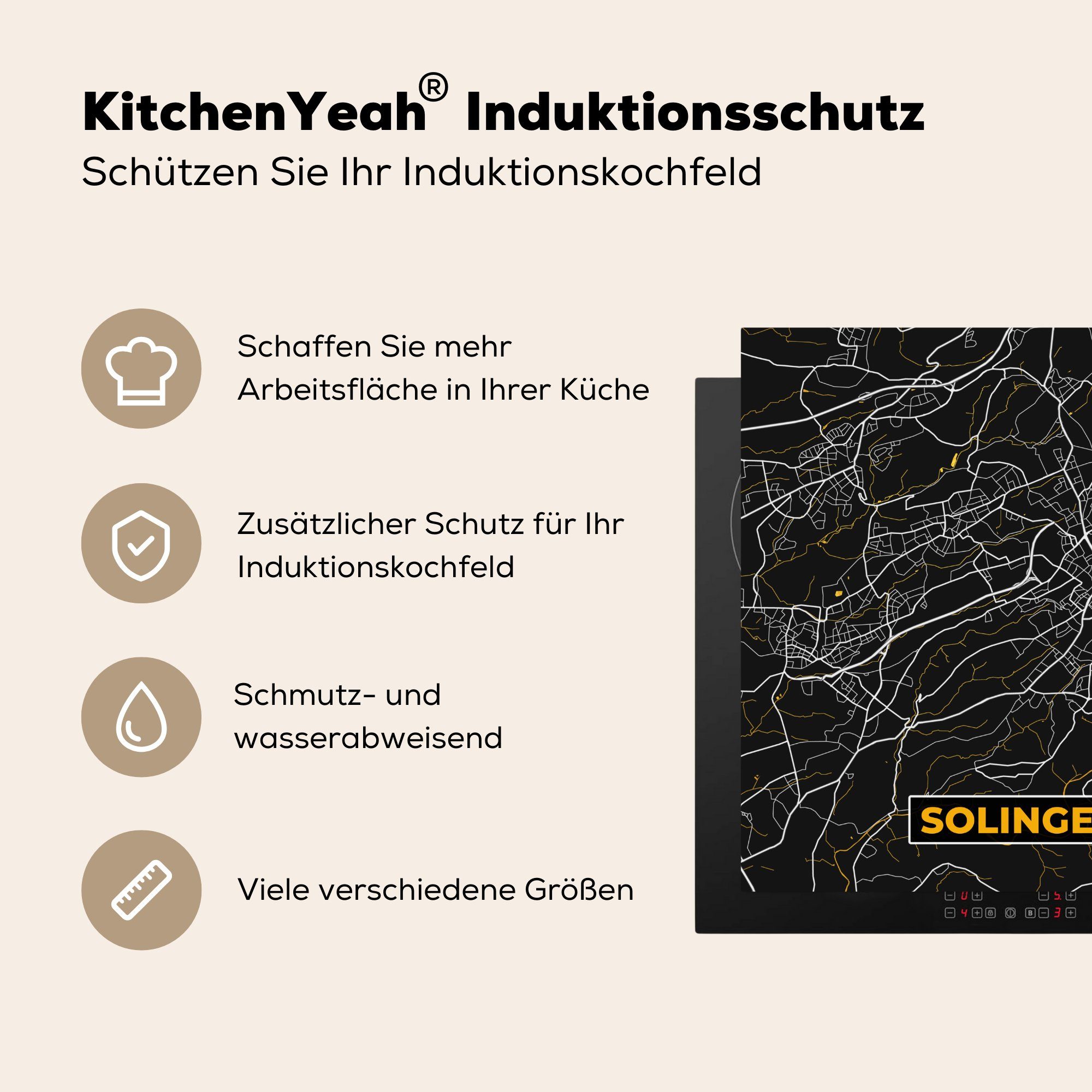 MuchoWow Herdblende-/Abdeckplatte Solingen - Gold küche Ceranfeldabdeckung, cm, Vinyl, (1 78x78 Karte, tlg), Stadtplan - Arbeitsplatte Deutschland - für 