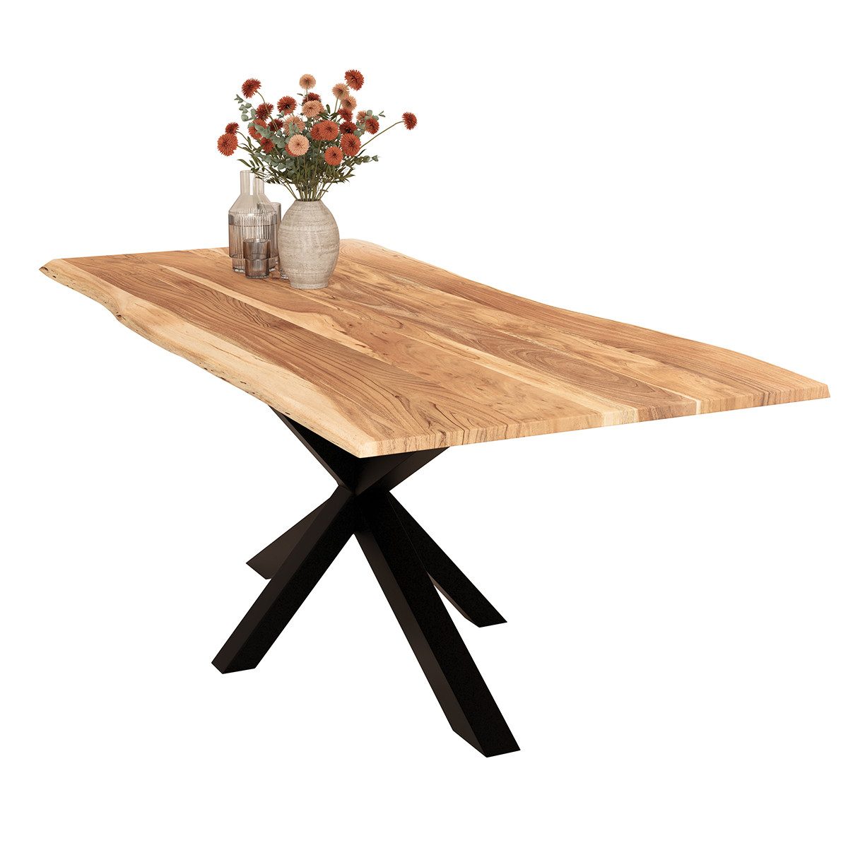 Liadomo Baumkantentisch Stella, Akazie Massivholz Tischplatte mit Spider-Gestell, sieben Größen