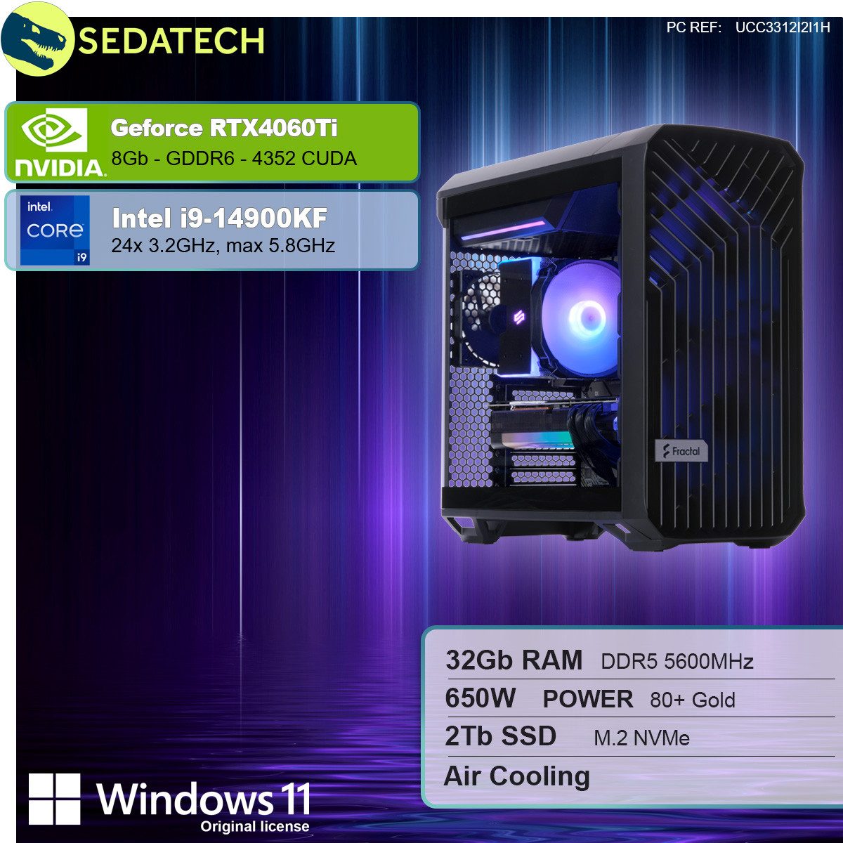 Sedatech UCC3312I2I1HF - Workstation Business-PC (Intel Core i9 14900KF 24x 3.2GHz (max 5.8GHz), Geforce RTX4060Ti 8GB, 32 GB RAM, 2000 GB SSD, Wlan 6E)