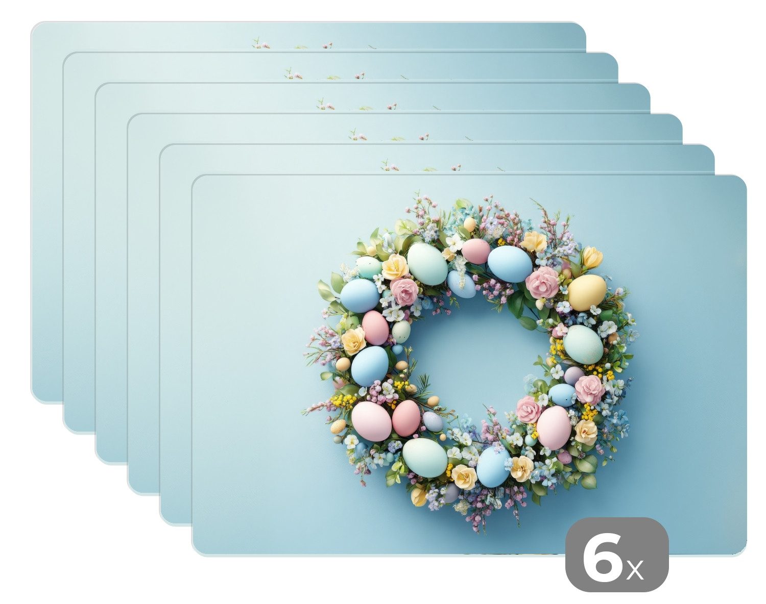 MuchoWow Platzset Kranz - Eier - Blumen - Ostern Deko, (6-St), Platzsets, Tischset, Abwaschbar, Tischsets, Platzdeckchen