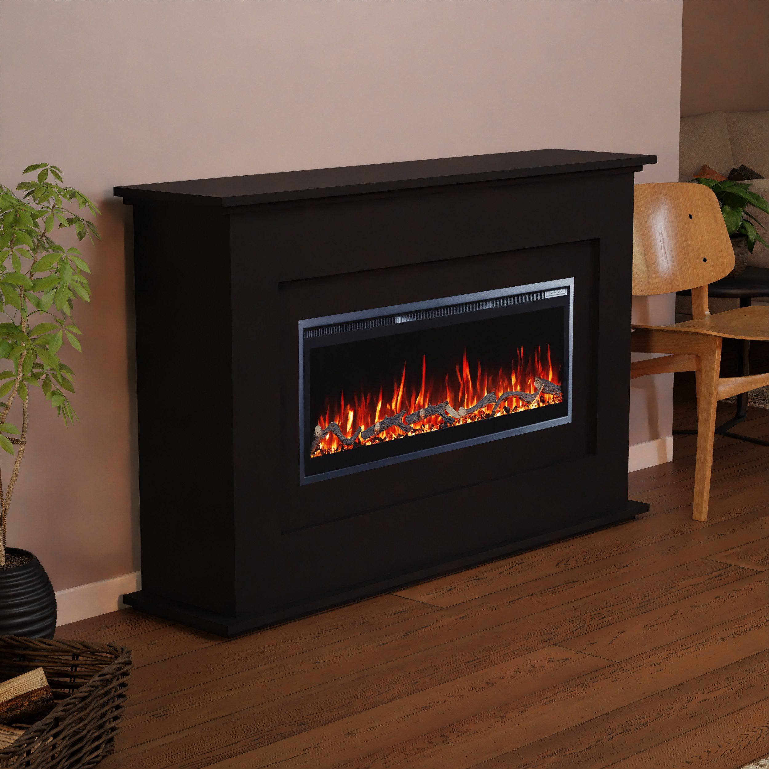 GLOW FIRE Elektrokamin GF Core Rhea Elektrokamin 90 Schwarz, Elektrischer Kamin mit 3D Feuer mit Heizung, 2 Dekorationen