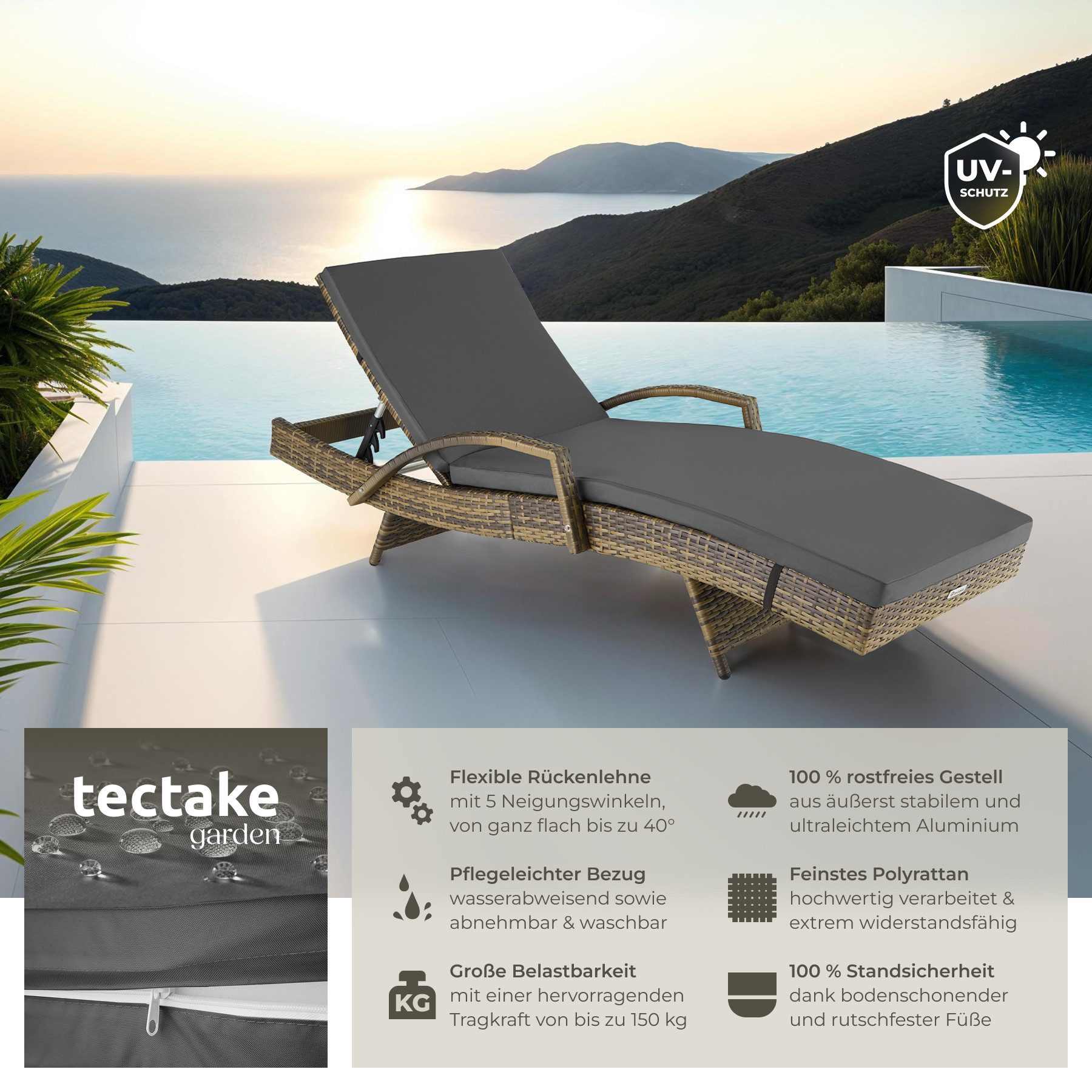 tectake Gartenliege Rattan Sonnenliege, 1 St., günstig online kaufen