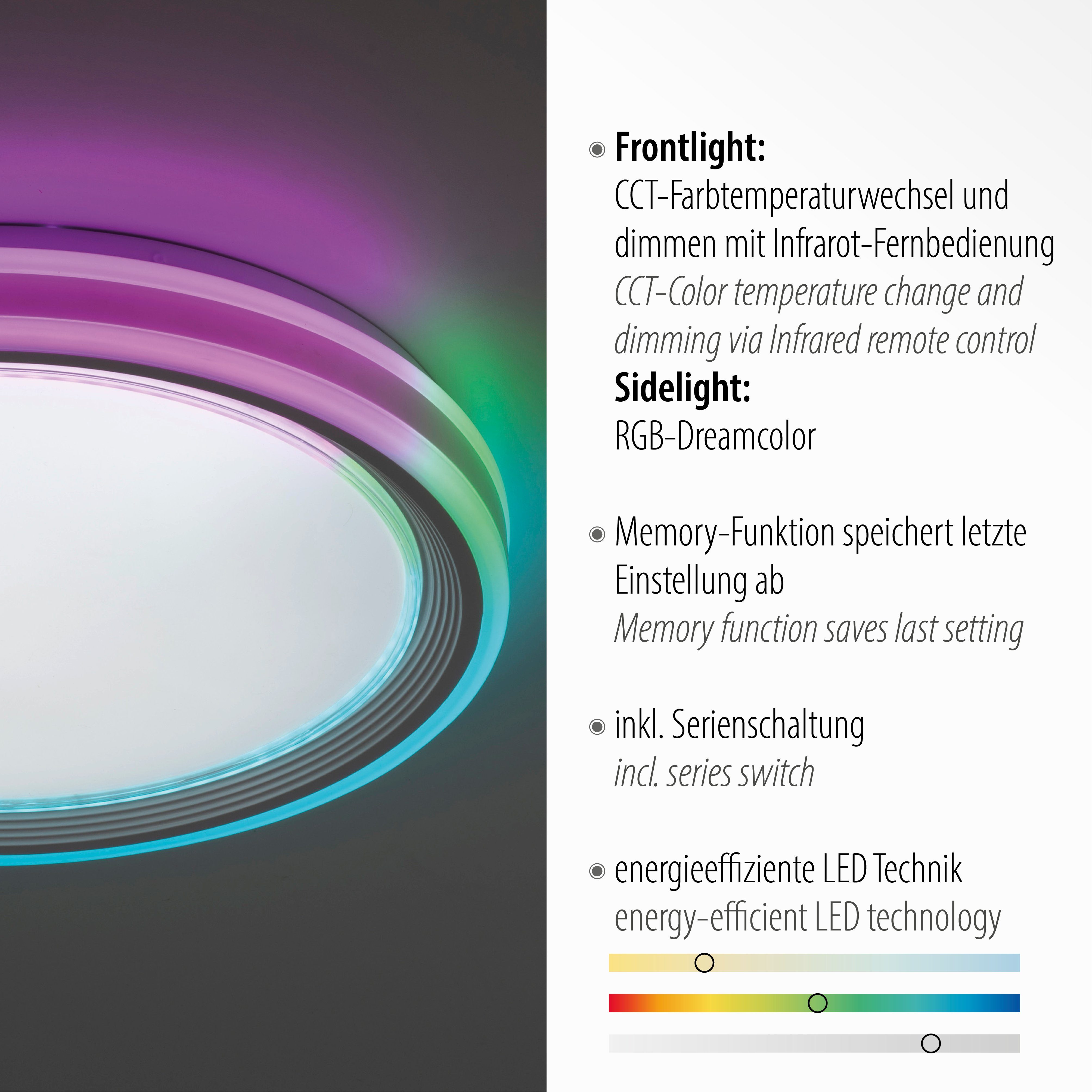 Leuchten Direkt - LED, integriert, Deckenleuchte warmweiß RGB-Rainbow, Infrarot Fernbedienung, SPHERIC, inkl., fest kaltweiß, CCT LED dimmbar über 