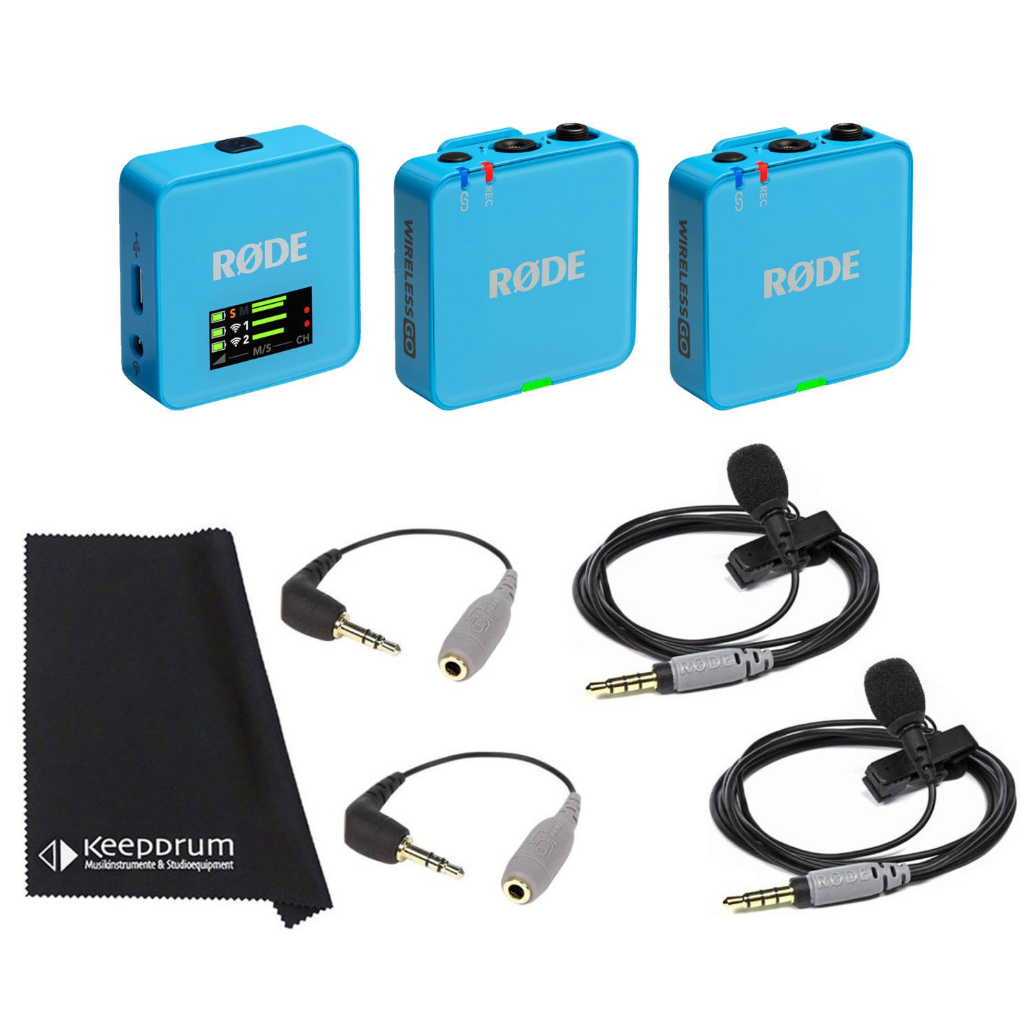 RØDE Rode Wireless GO Gen 3 Blau mit 2x Smartlav und 2x SC3 Digitales Aufnahmegerät (Vorteils-Set mit Lavaliermikrofon und Adapter)