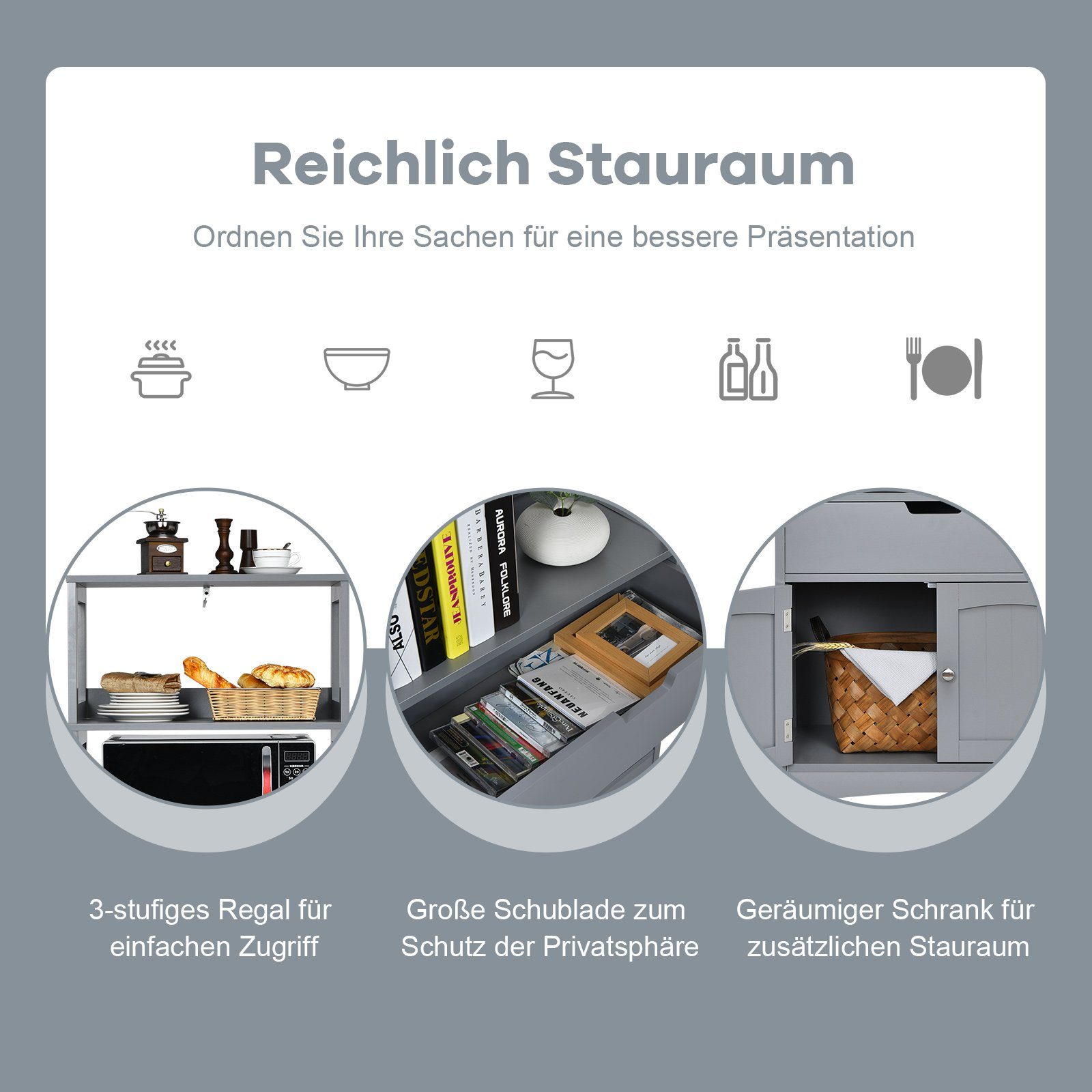 COSTWAY Mehrzweckschrank Bücherschrank mit Türen & 3 Regalen & Schublade