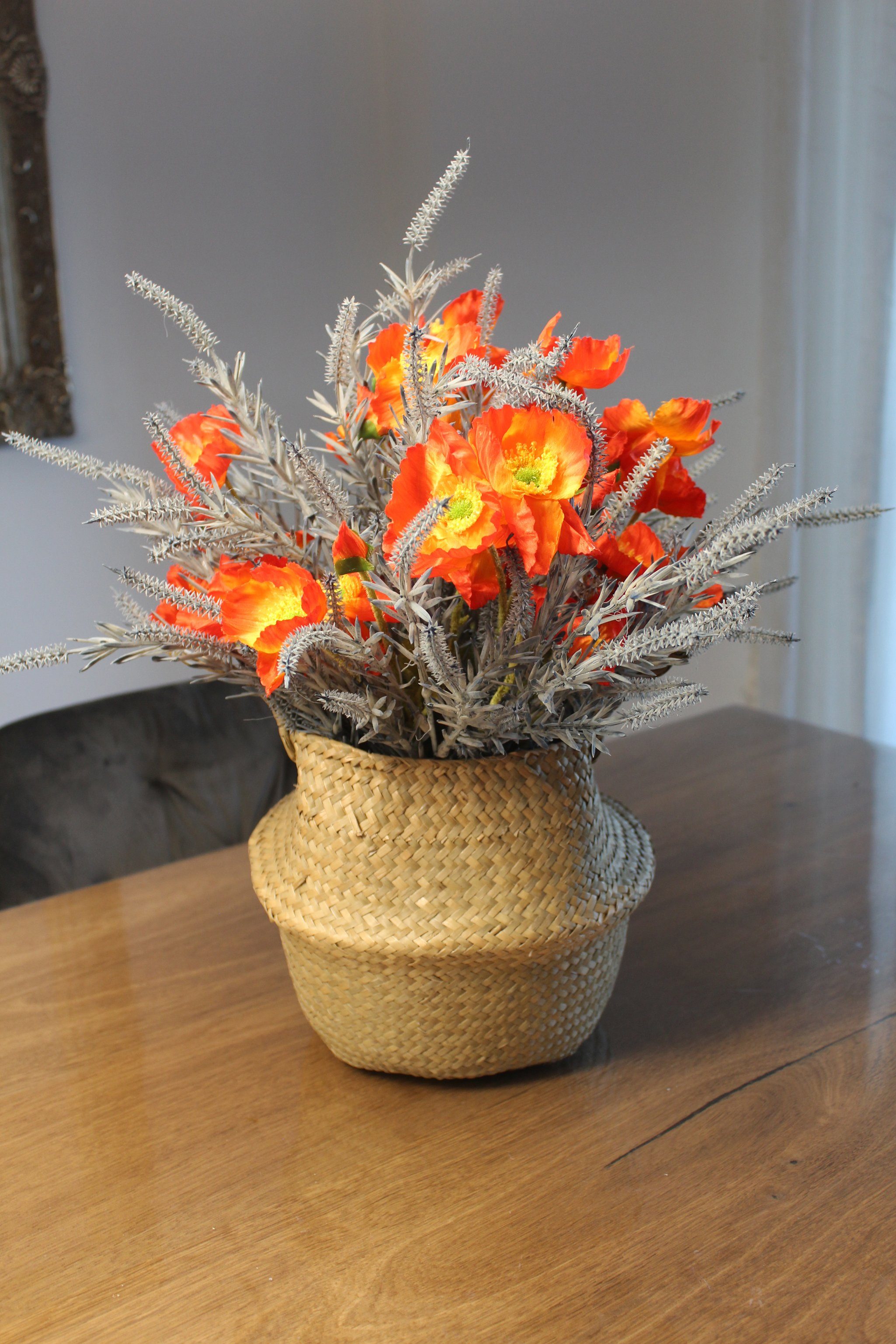 Kunstblumenstrauß Kunstpflanze im Seegras Korb 45 Höhe künstliche Arnusa, Strauß Kunstpflanze Pflaze Mohn, cm, echt wie künstlicher Blumenstrauß