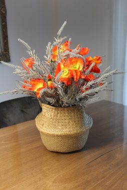 Kunstblumenstrauß Kunstpflanze im Seegras Korb künstlicher Strauß Blumenstrauß Mohn, Arnusa, Höhe 45 cm, wie echt Kunstpflanze künstliche Pflaze