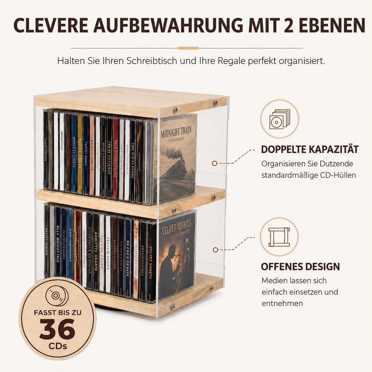 BlingBin CD-Regal Drehbarer 2 Ebenen CD-Halter aus Holz und Acryl für 36 CDs, 1er Set 1-tlg., CD-Ständer mit offener Seite und Absturzsicherung für Wohnzimmer,  – Bild 4 von 5