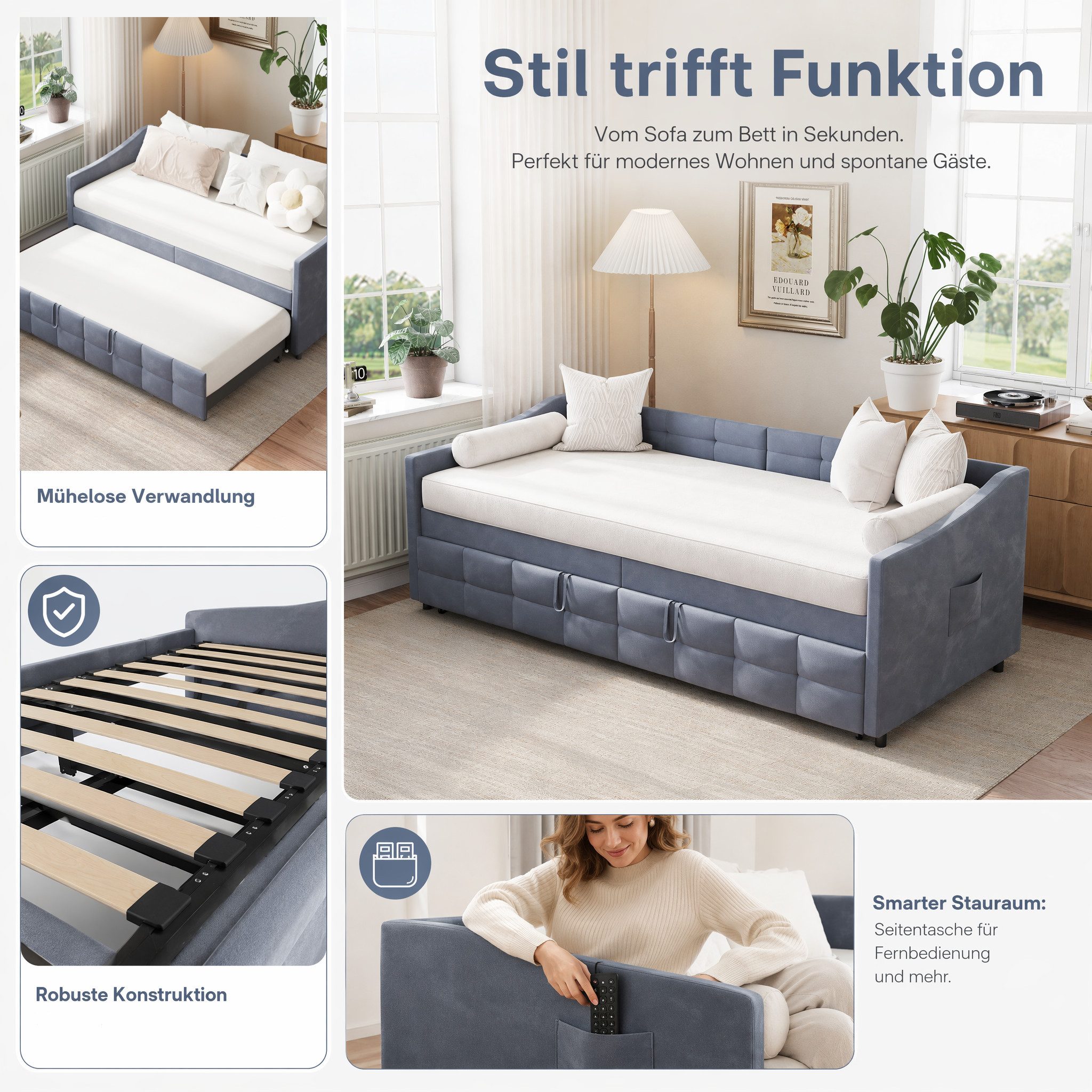 Simurq Daybett Schlafsofa 90x200 mit Unterbett, Ausziehbett, Tagesbett, Gästebett, Polsterbett, Mit Lattenrost, Samt