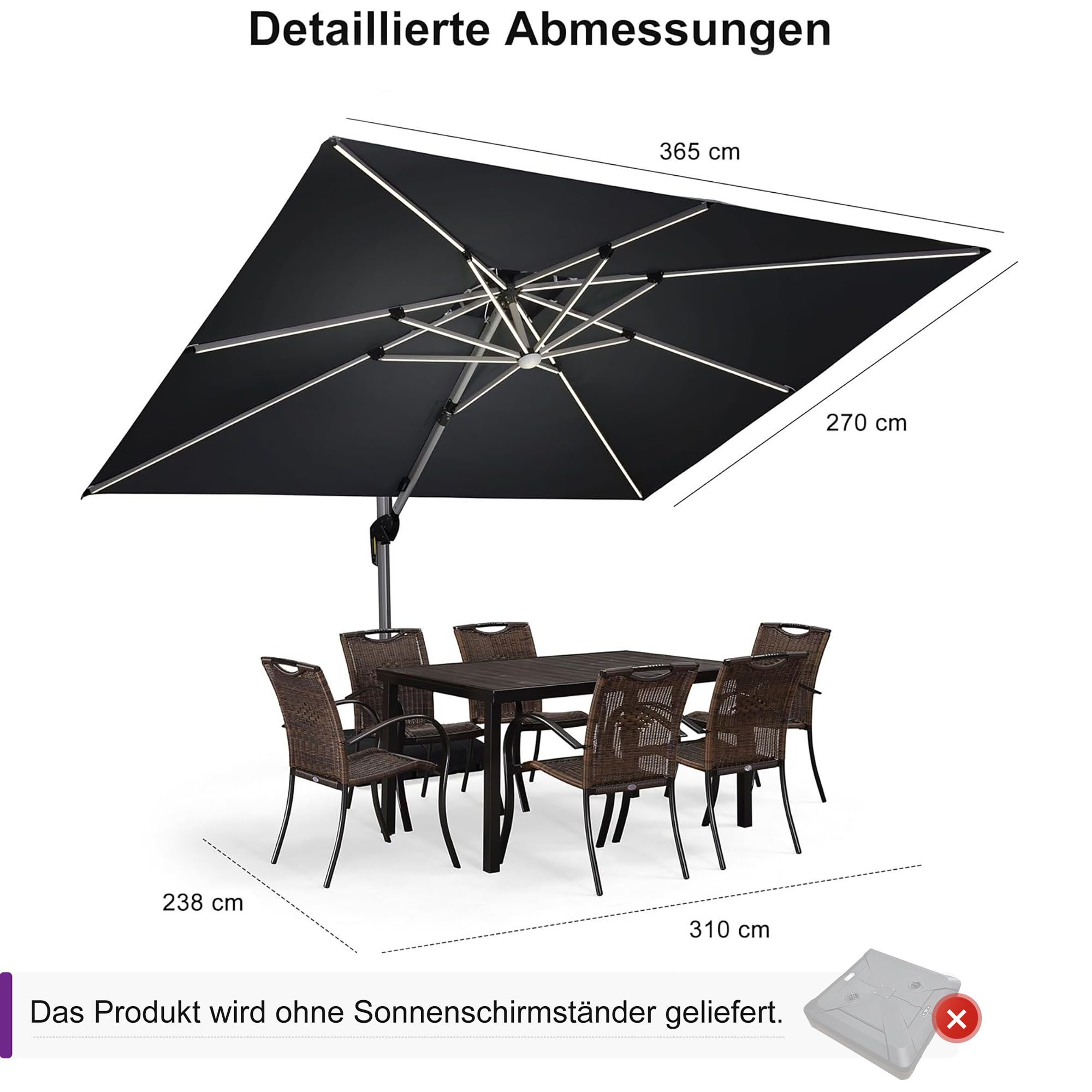 PURPLE LEAF Ampelschirm Rechteckig Außenbereich Alu günstig online kaufen