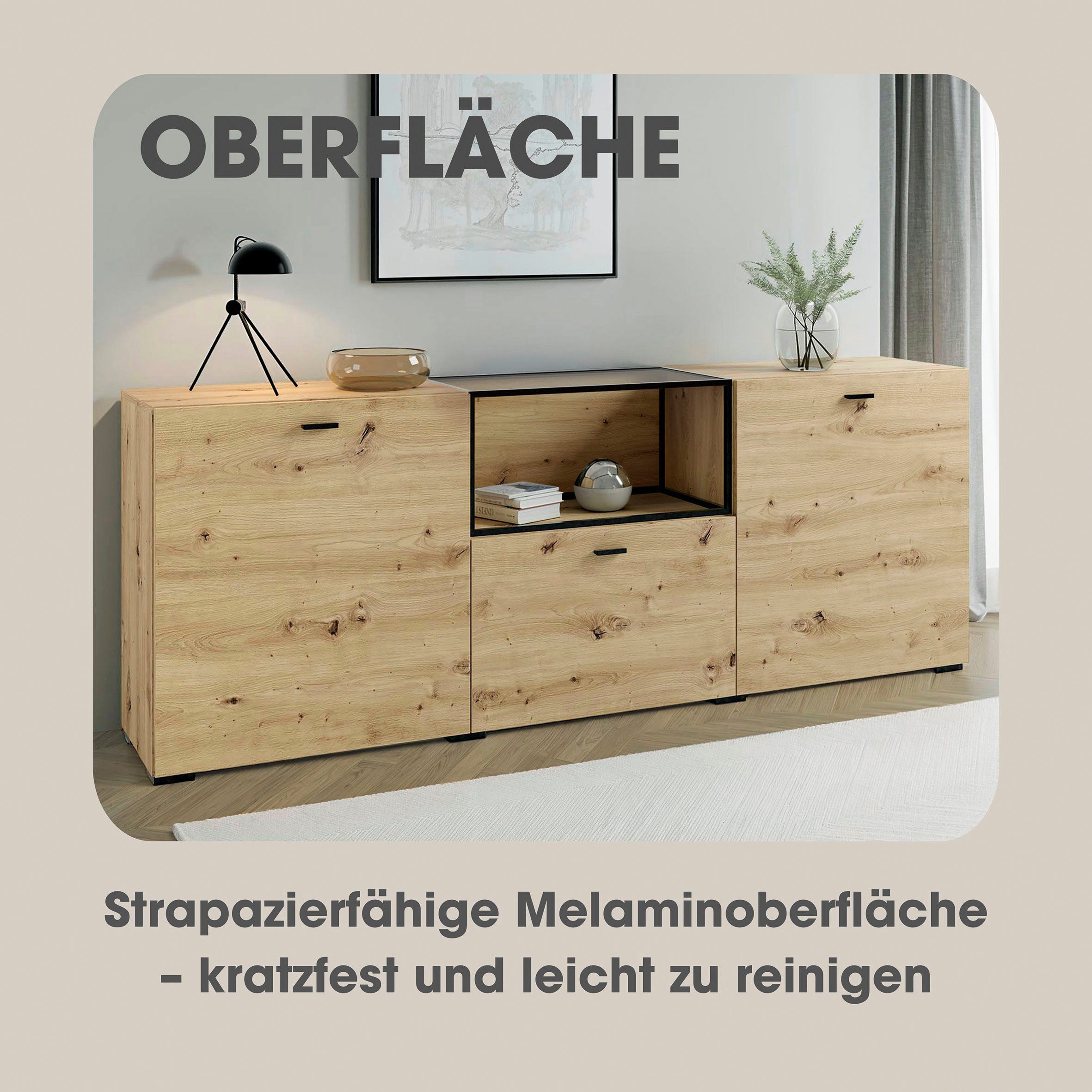byLIVING Sideboard Frame (1 St), moderne Kommode mit Metalleinsatz und Glasplatte, 200cm breit.