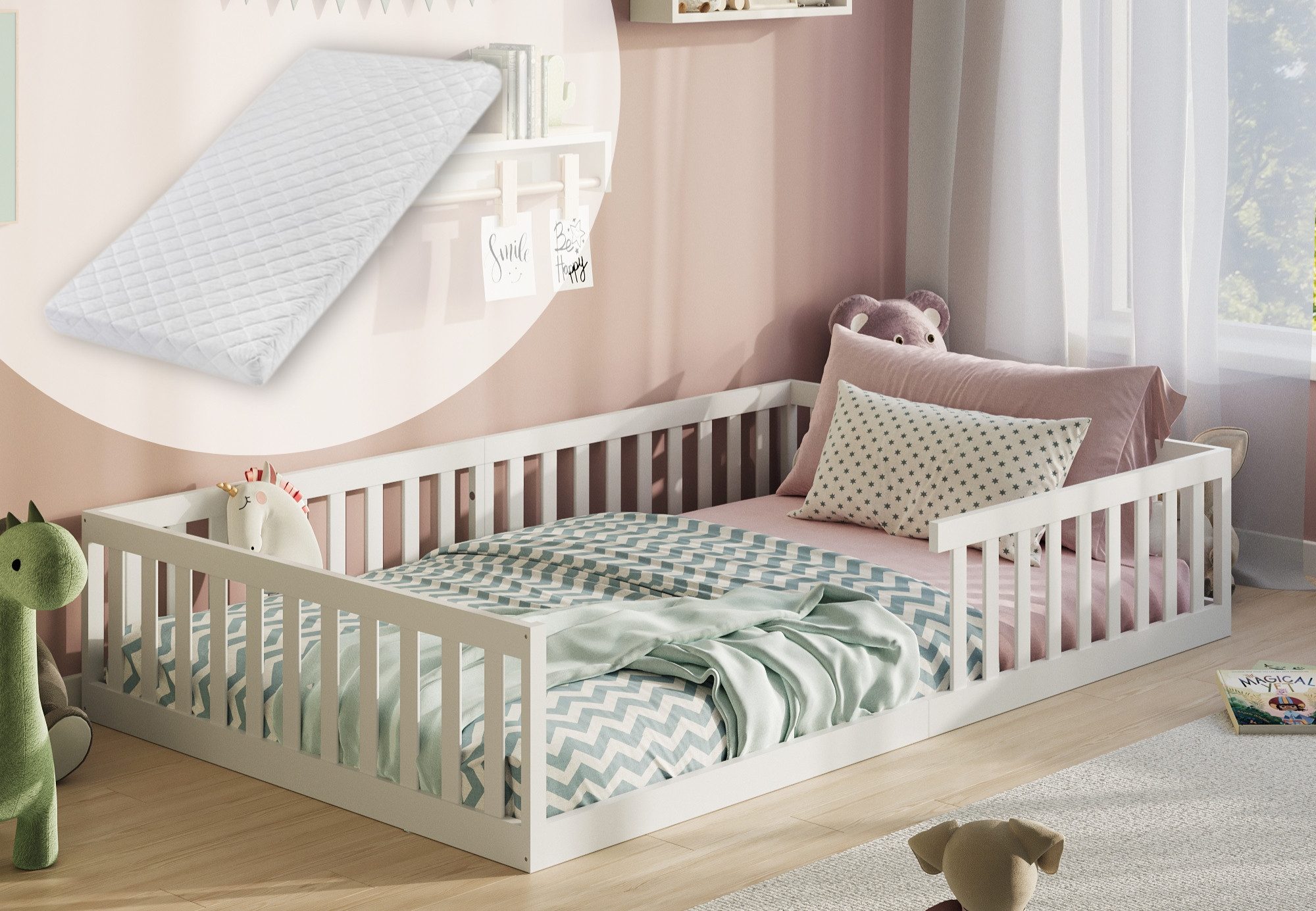 Kids Collective Kinderbett Bodenbett Bett mit Rausfallschutz & Lattenrost M günstig online kaufen