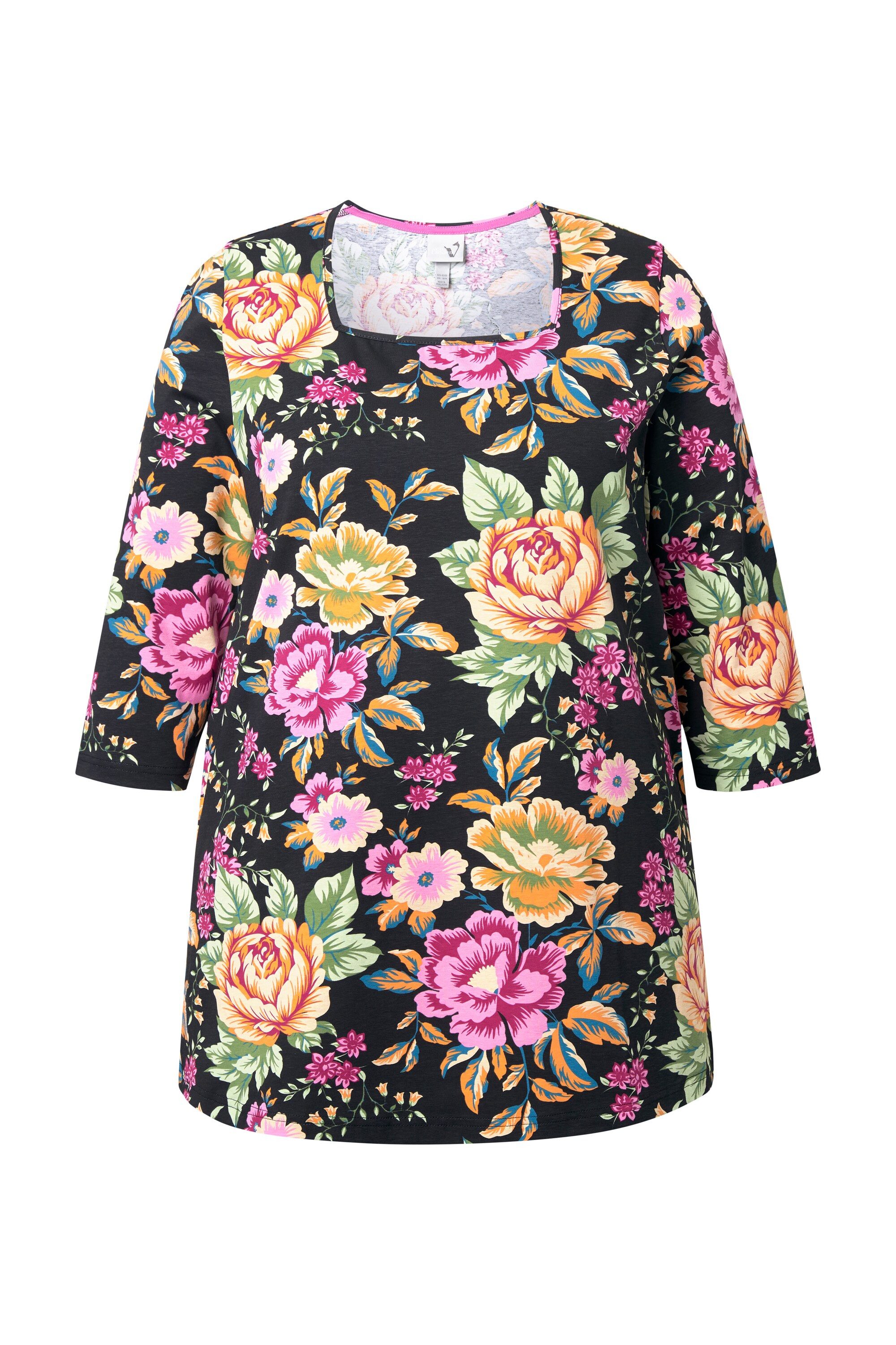 Ulla Popken T-Shirt Shirt Blüten Classic Carré-Ausschnitt 3/4-Arm günstig online kaufen