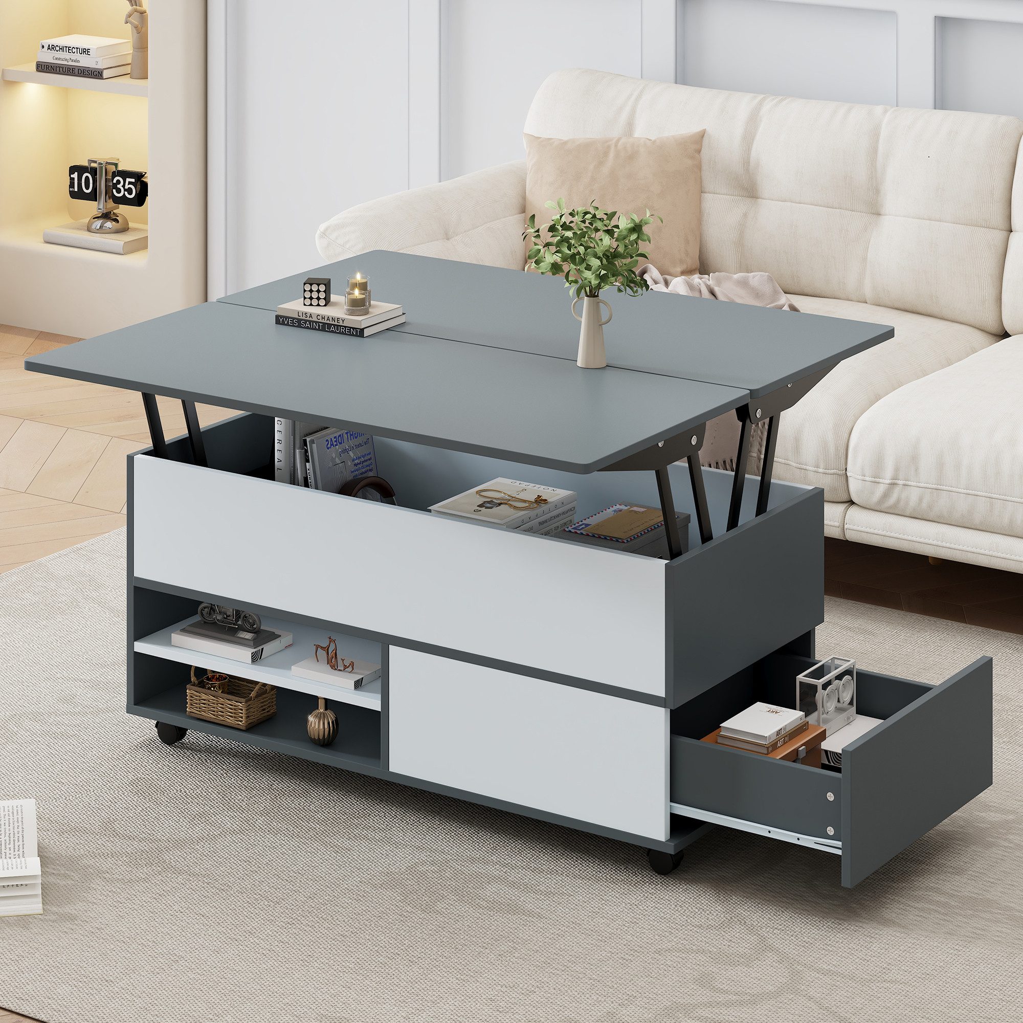 Merax Couchtisch höhenverstellbar Sofatisch Beistelltisch in Weiß-Grau (1-St), Wohnzimmertisch mit Schublade Schrank & Ablagefächern, 100x98x65cm