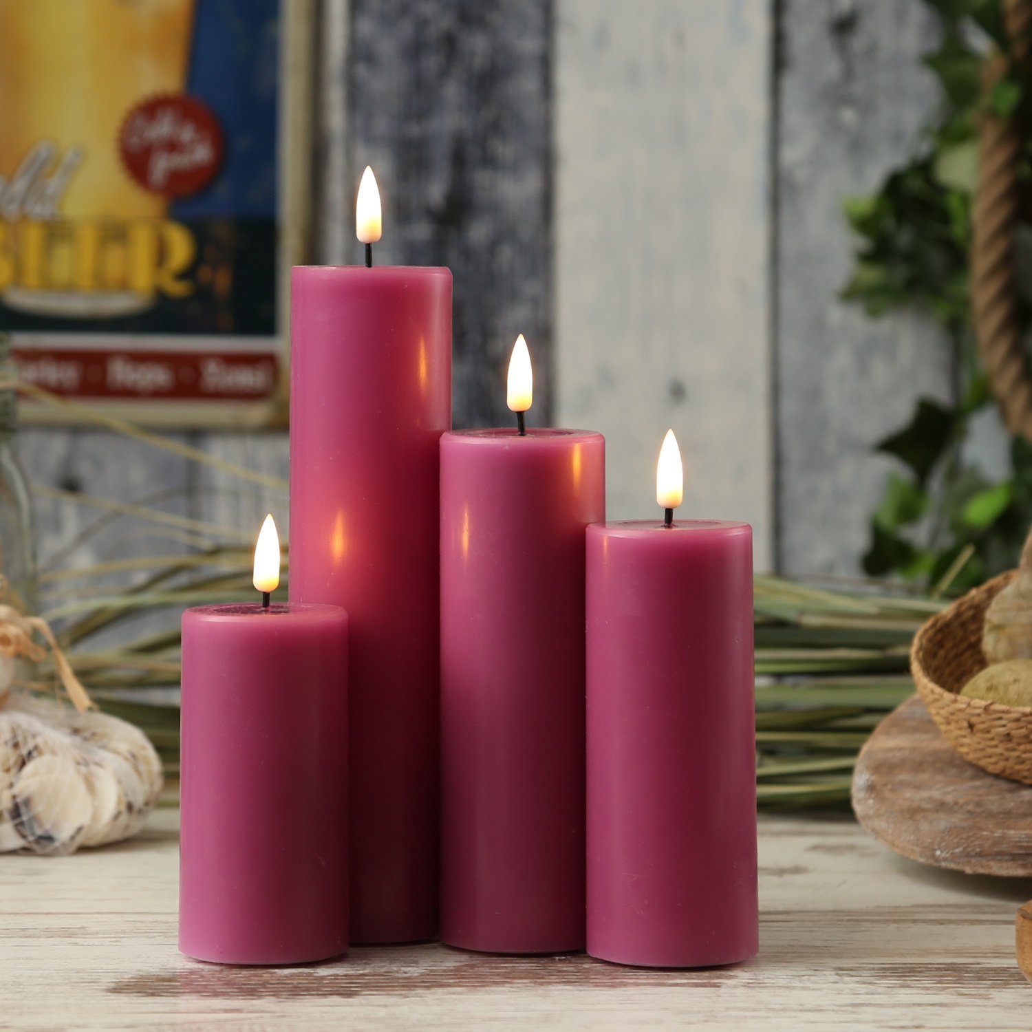 Deluxe Homeart LED-Kerze LED Kerze Mia Echtwachs 3D Flamme flackernd H: 20cm D: 5cm malve, LED Classic, warmweiß (2100K bis 3000K)