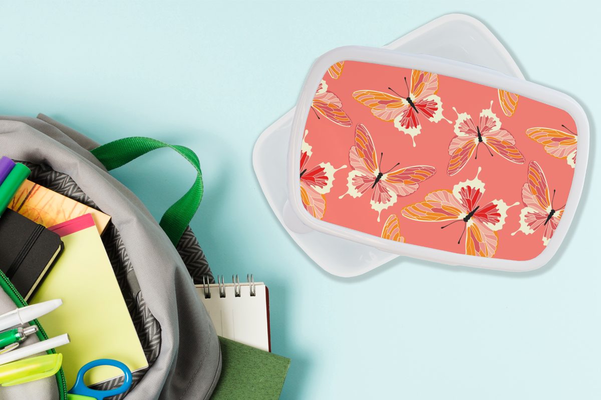 Brotbox Mädchen und Schmetterlinge Rosa, - Kunststoff, für für Kinder MuchoWow Brotdose, (2-tlg), Jungs - Erwachsene, weiß und Lunchbox Muster