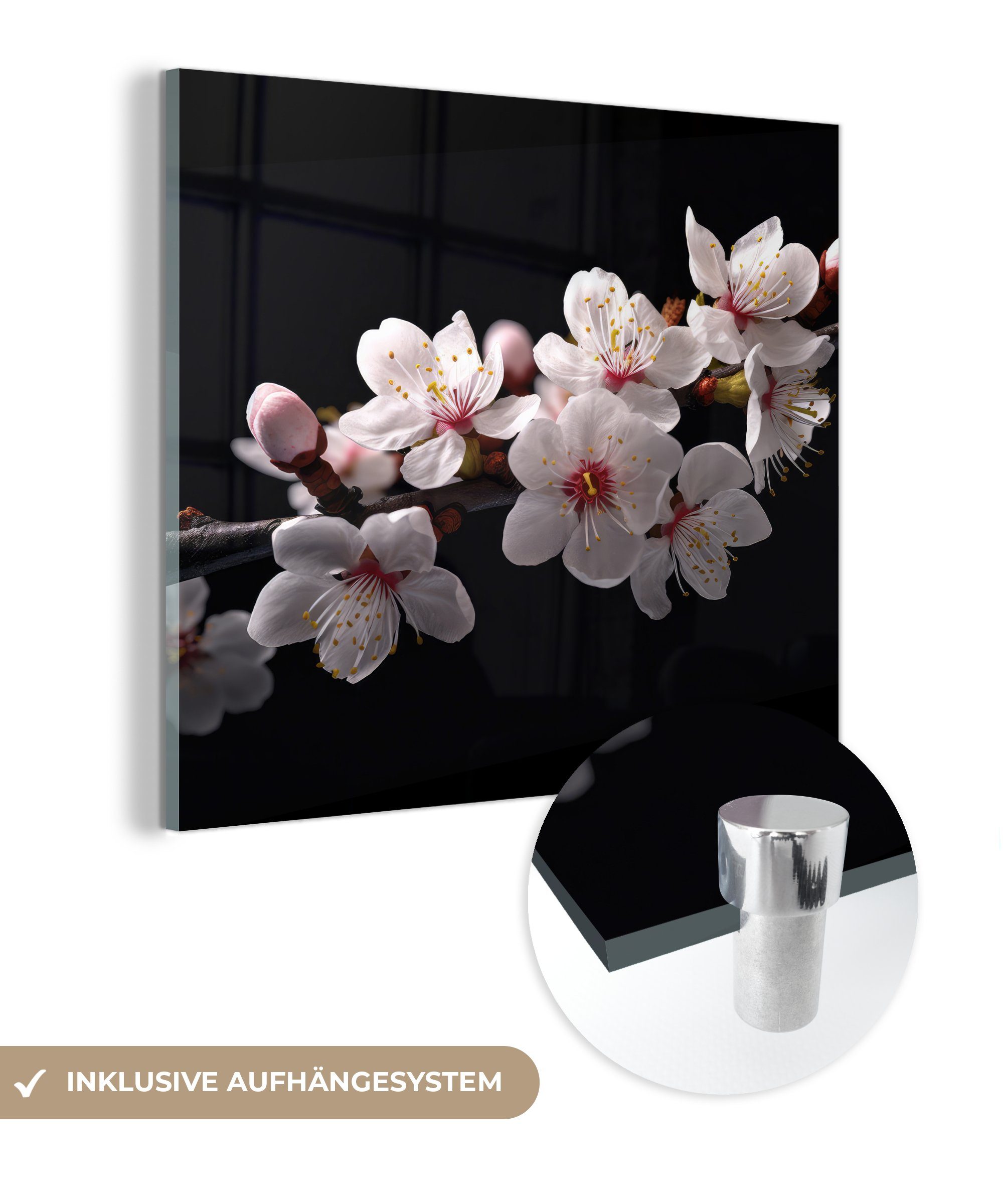 auf Blütenzweige MuchoWow - Foto St), - - Wandbild Weiß, Botanisch Blumen Bilder Wanddekoration Sakura - auf Glas - (1 Acrylglasbild Glasbilder - - Glas