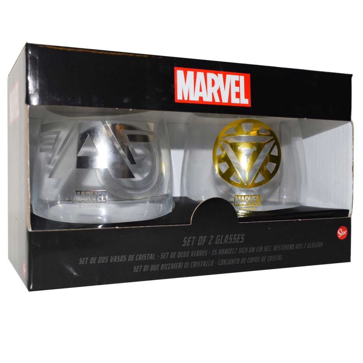 Set Geschenkkarton Metallic Marvel im authentisches Glas Stor Trinkgläser Glas, 2 Design Gläser, Avengers