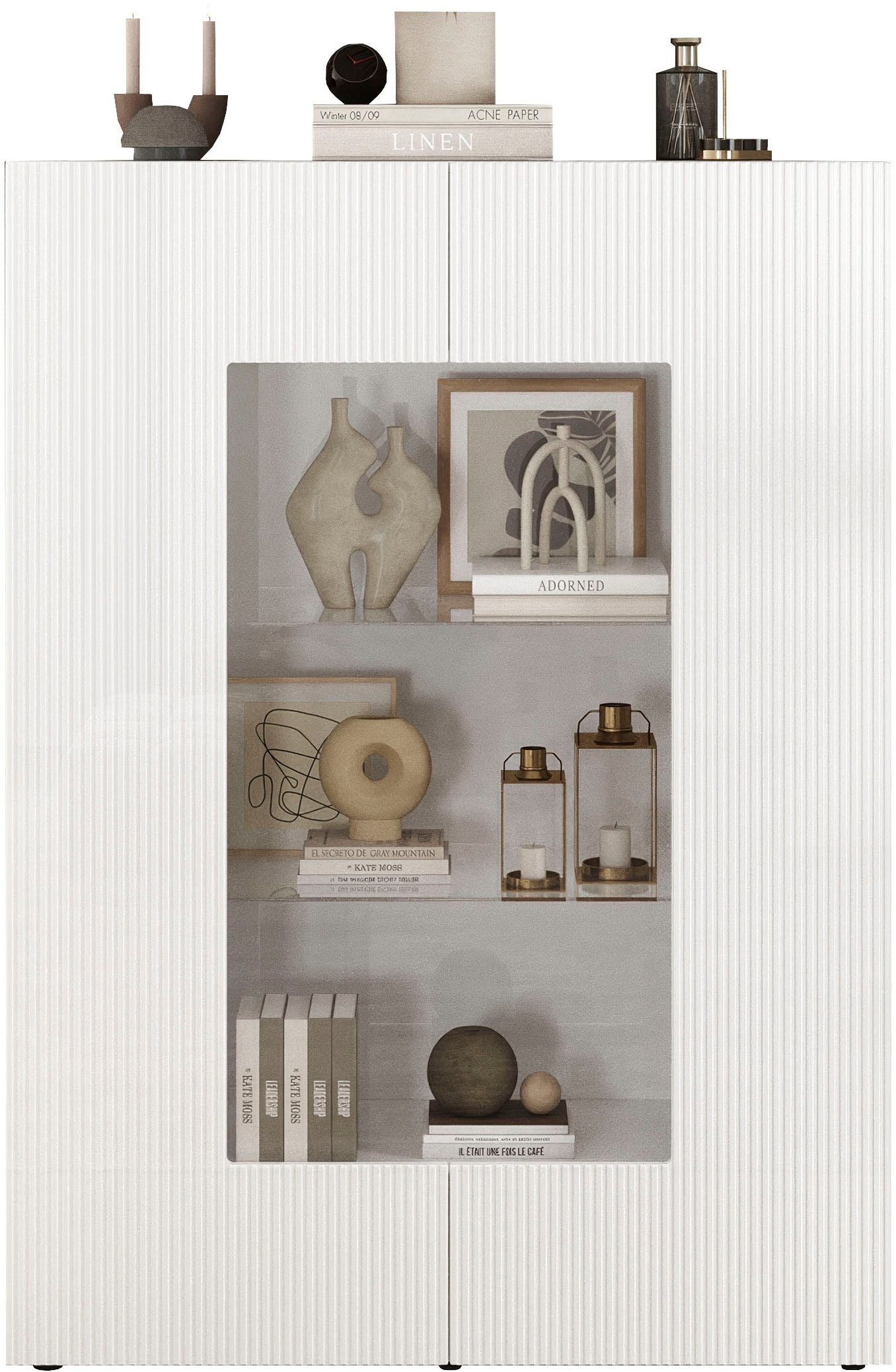 INOSIGN Vitrine RIO, Höhe 166 cm, Hochschrank mit 2 Türen, Anrichte, Standvitrine Vitrinenschrank, geriffelte MDF-Fronten, modern, elegant, geräumig