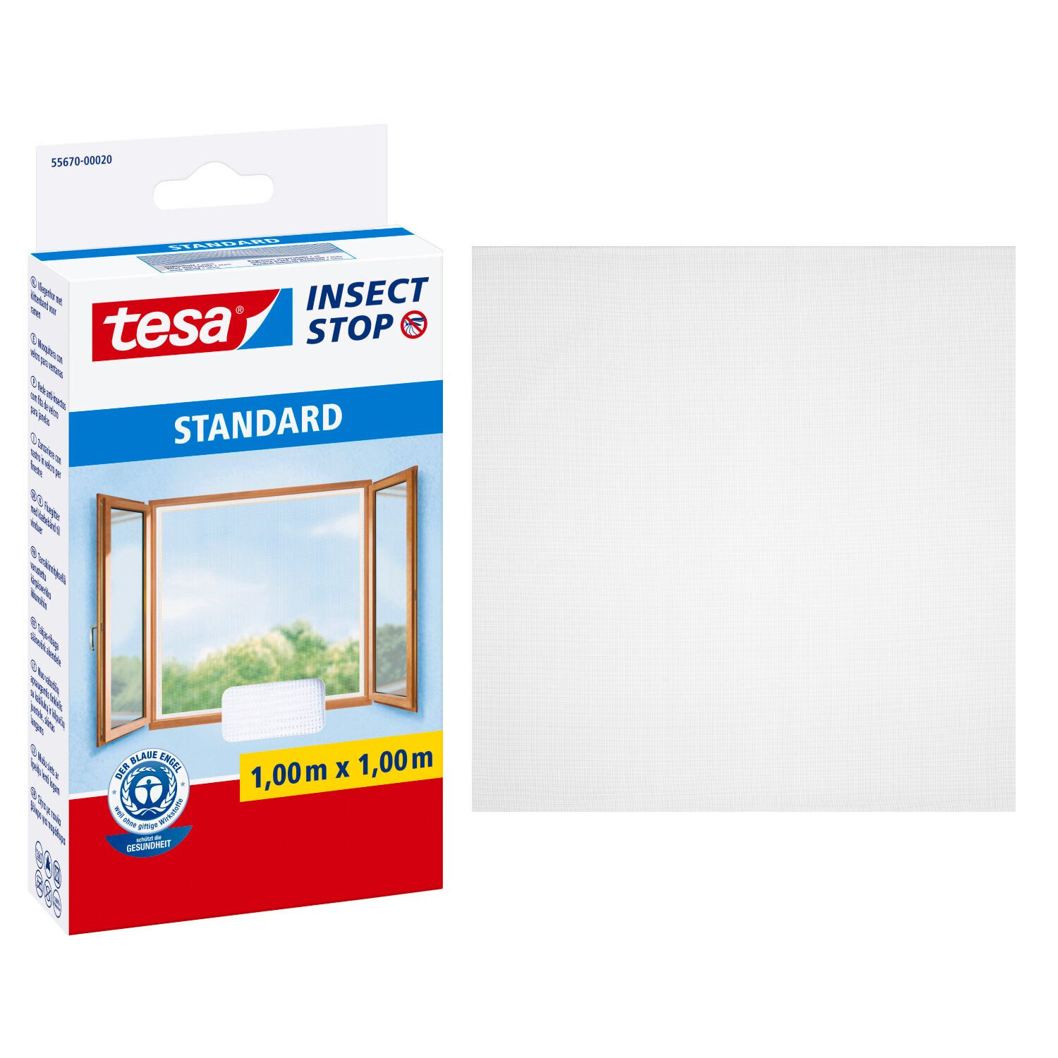 tesa Fliegengitter-Gewebe Insect Stop Standard Fliegengitter für Fenster, (Spar-Set, 3-St., Fliegennetz, Klettband), Fliegenetz ohne Bohren - zuschneidbar - je 1.3 m : 1.5 m, weiß