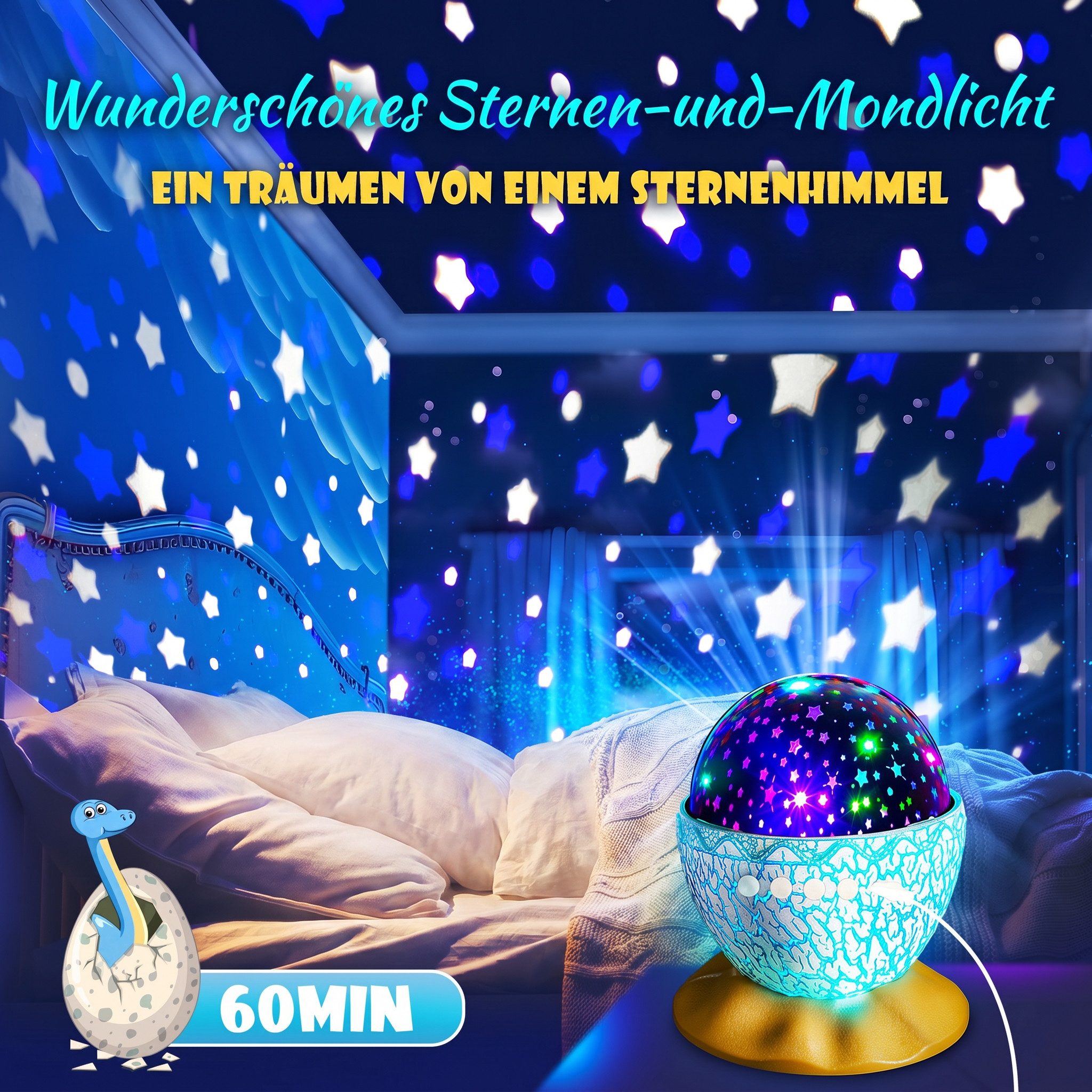 Wootoy LED-Sternenhimmel 2-in-1 Dinosaurier-Ei Nachtlicht 360° Rotation Sternenhimmel-Projektor, mit 6 Lichtmodi USB-aufladbar 1-Stunden-Timer, Farbwechsler, LE – Bild 5 von 5