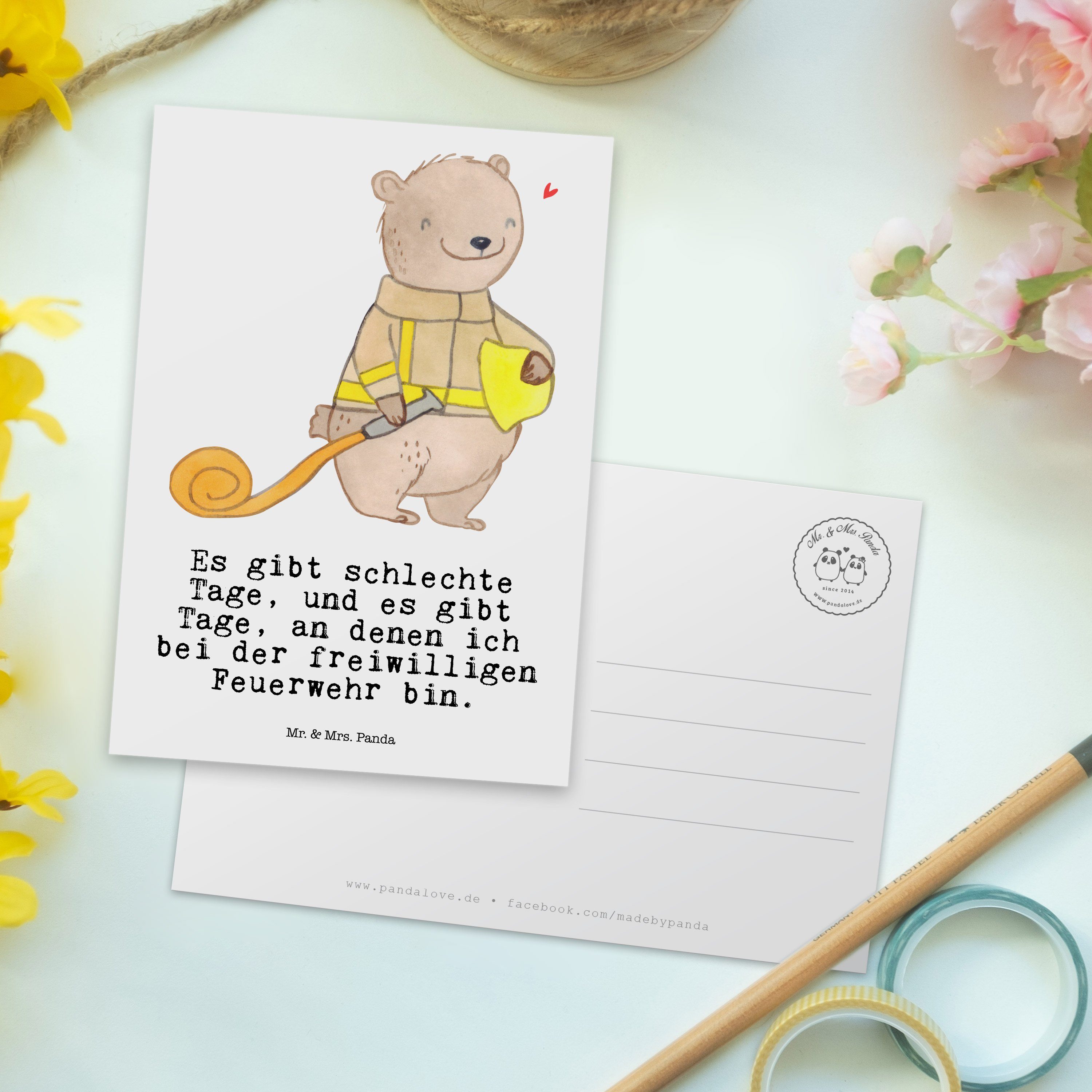 Mr. & Mrs. Panda Postkarte Geschenk, Feuerwehr Tage - Freiwillige Feuerwehrein Weiß Hobby, - Bär