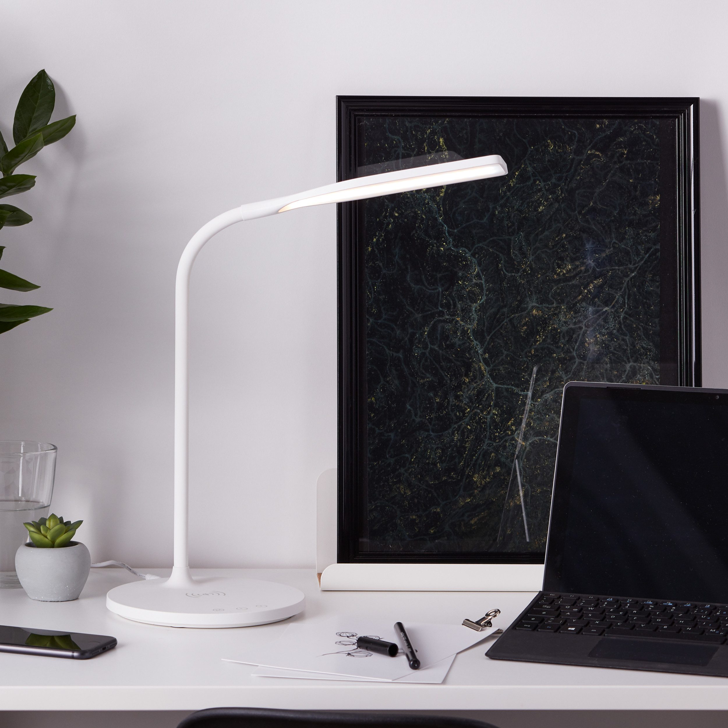 Lightbox Tischleuchte, LED fest integriert, warmweiß - kaltweiß, LED Tischlampe, CCT, Induktionsladeschale, 34 cm, 450 lm