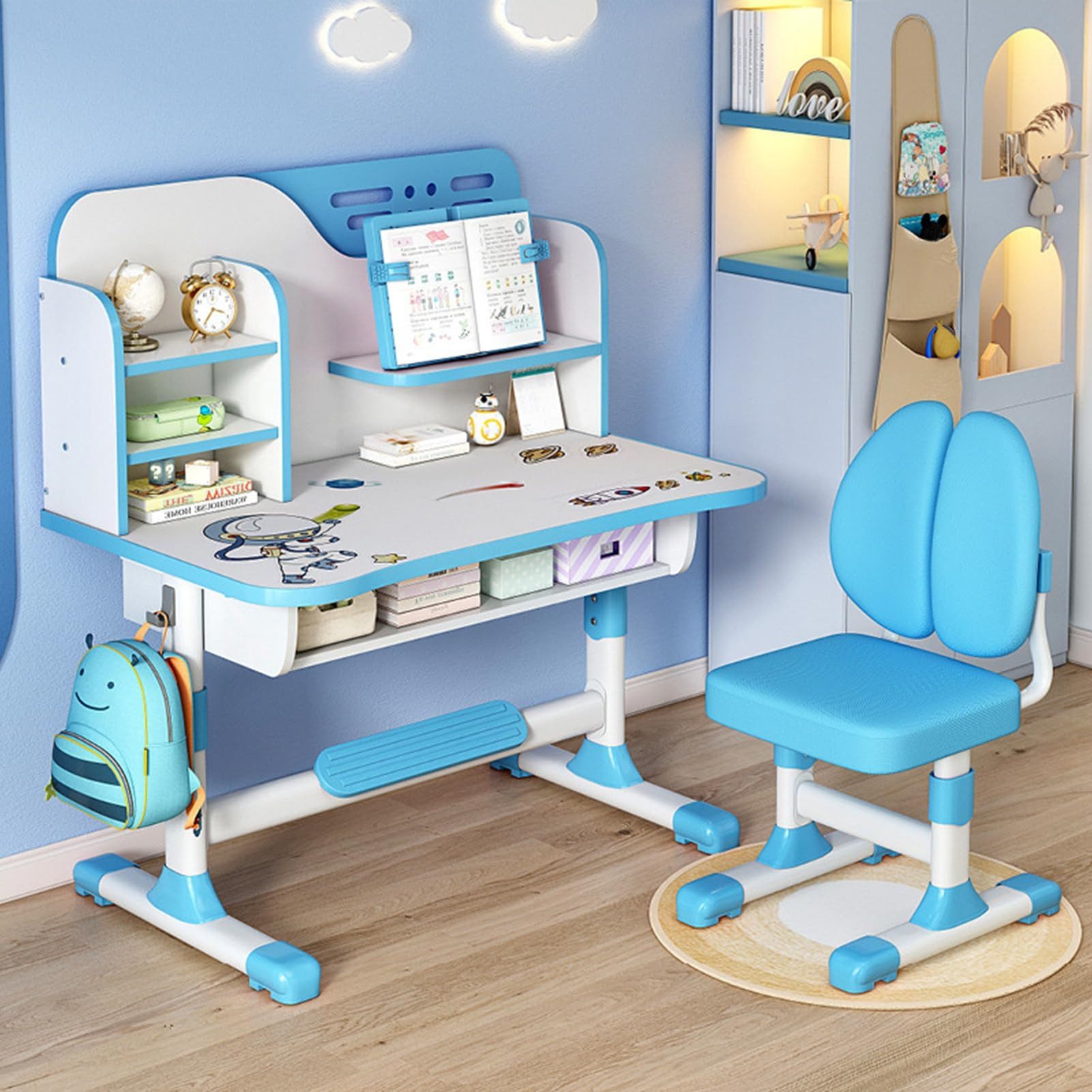 Rutaqian Kinderschreibtisch Schreibtische Kinder, Höheverstellbar Kinderschreibtisch mit Stuhl Set (Kinder-Schreibtisch- und Stuhl-Set, 1-St., 1 x Kinder-Studientisch 1 x Kinder-Studienstuhl), Ergonomischer Kinderschreibtischstuhl mit Bücherständer,bis 300kg