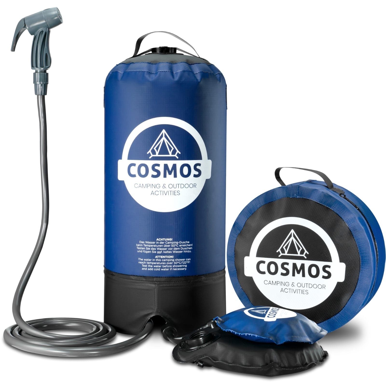 Cosmos Premium Products Gartendusche Cosmos Campingdusche - Tragbare Aussendusche mit Fuß-Wasserpumpe, Wasserbehälter aus 500D-PVC-Gewebe,2 Meter Schlauch inkl. Duschbrause