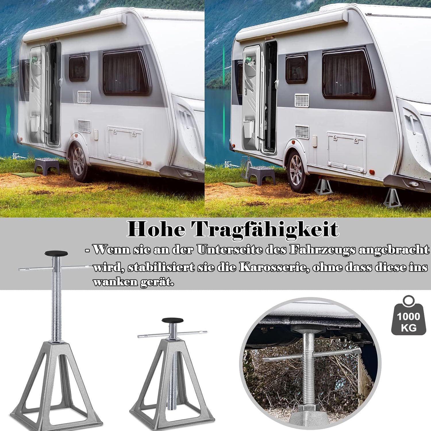 FIVMEN Unterstellbock Stützböcke Set Höhenverstellbar Stützbock bis 1000 Kg belastbar, (4-St), Wohnwagen Stützbock Wohnwagenzubehör für Wohnwagen und Anhänger – Bild 5 von 5