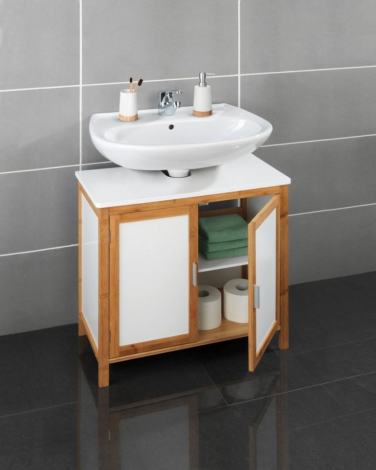 WENKO Waschbeckenunterschrank Finja BxTxH: 65x33x60 cm, Praktischer  Zwischenboden und Türen mit Magnetverschluss ausgestattet