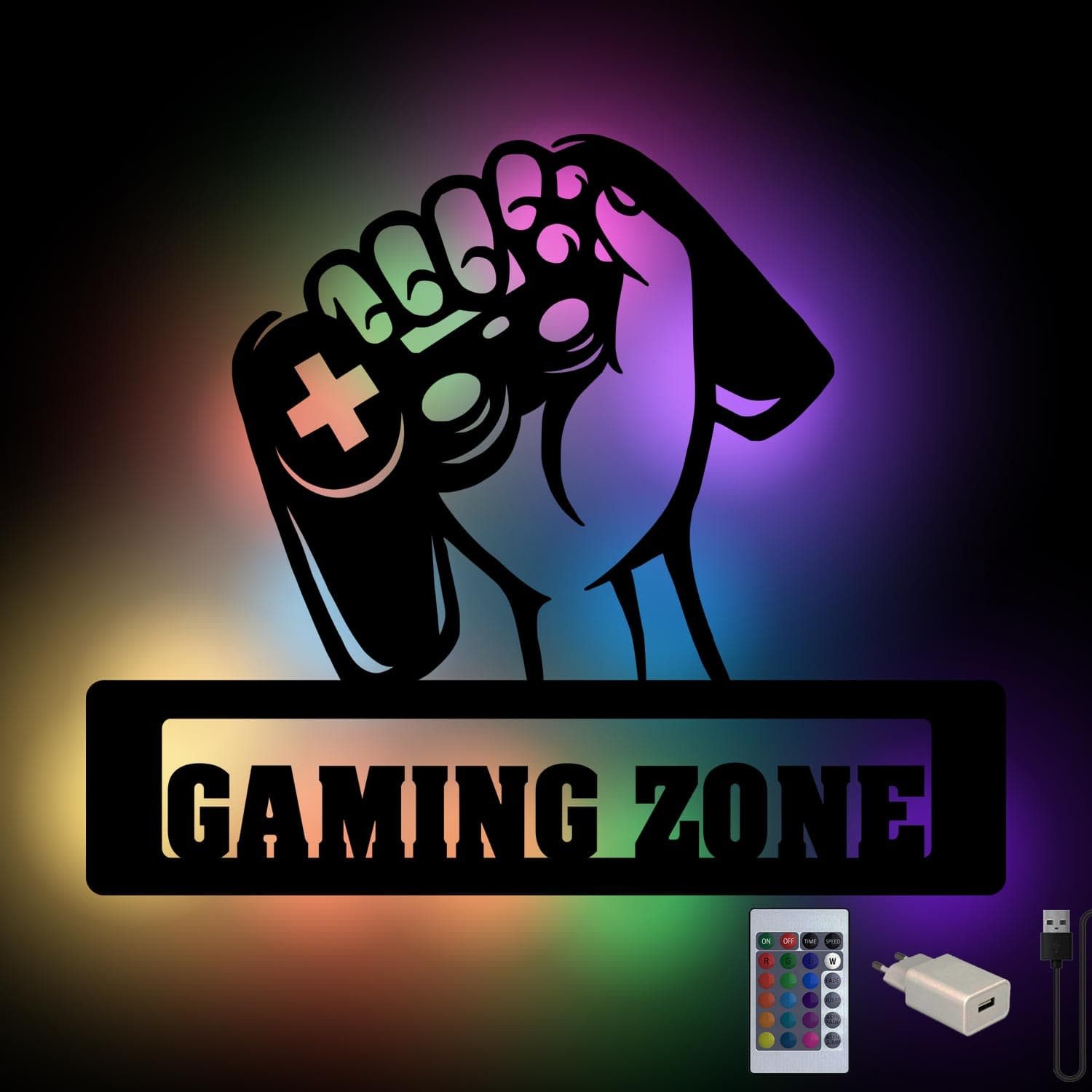 Namofactur LED Dekolicht Gaming Zone Faust - Gamer Licht Wanddeko mit RGB Farbwechsel, LED fest integriert, Farbwechsler, Wanddekoobjekt USB Wohnzimmer Leuchte mit Fernbedienung