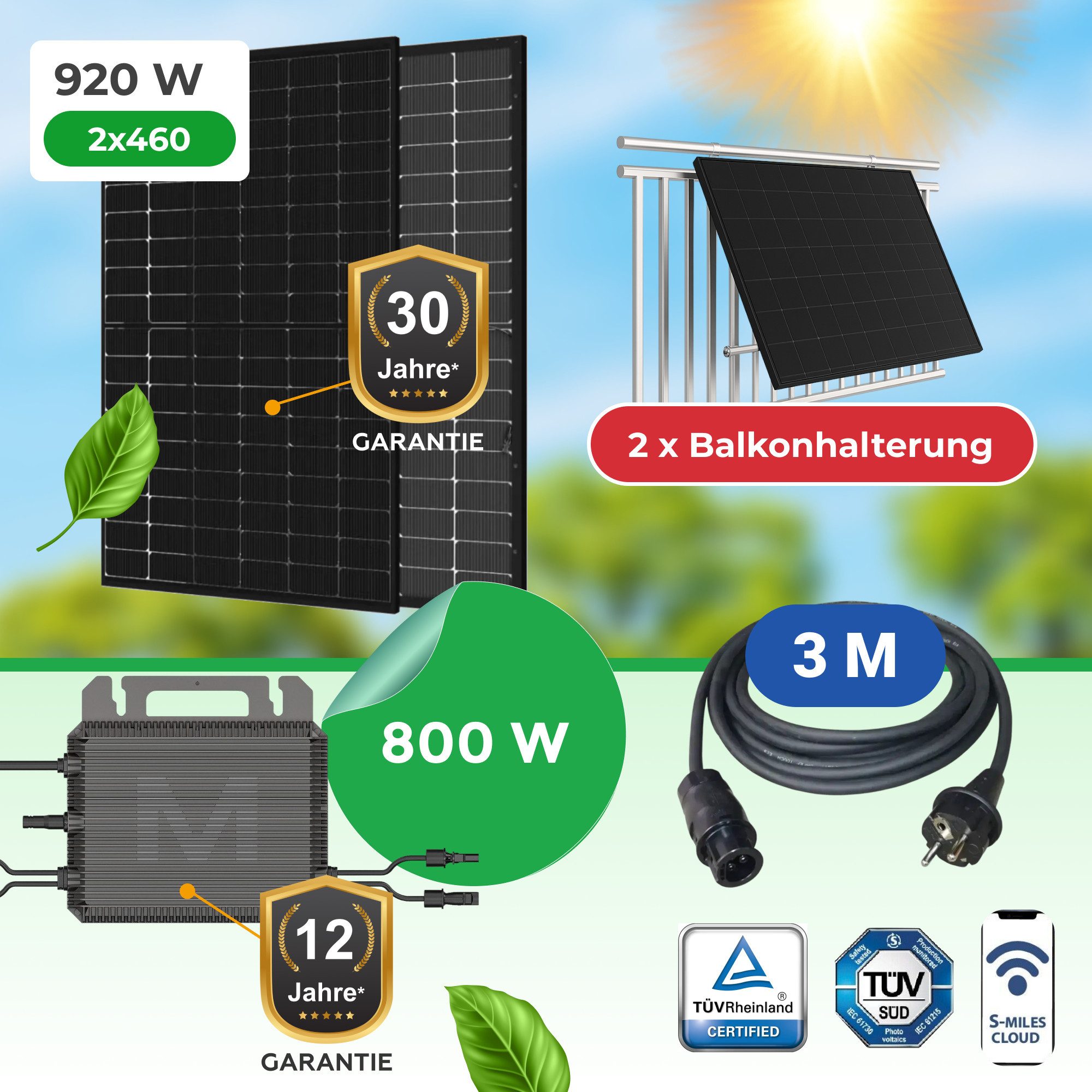 Paket.ag Balkonkraftwerk 920Watt mit M2-800W WiFi-Wechselrichter Wifi, App inkl Balkonhalterung, (1-St)