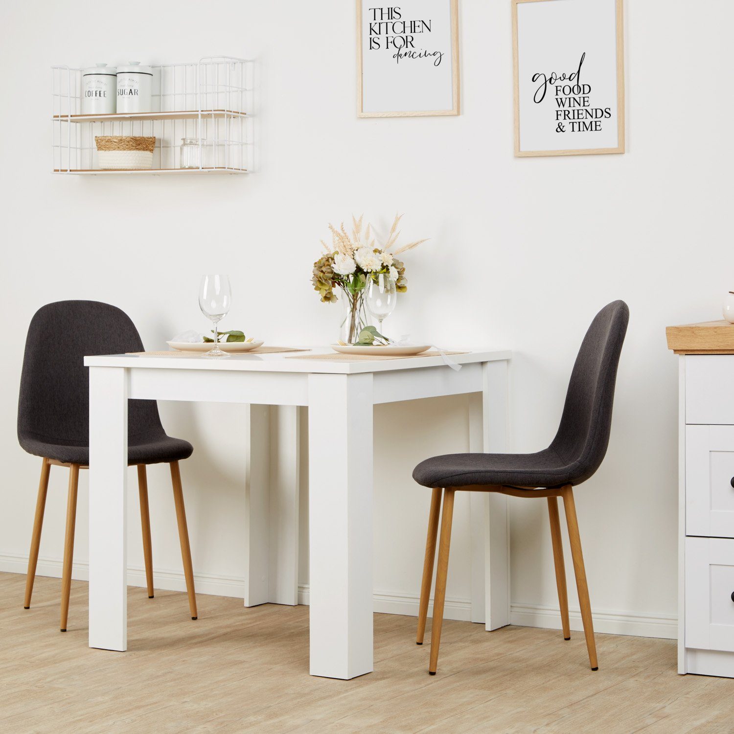 Homestyle4u Essgruppe Esstisch mit 2 cm 80x80 Weiß (Komplett-Set, Polsterstuhl, 3-tlg) Stühlen