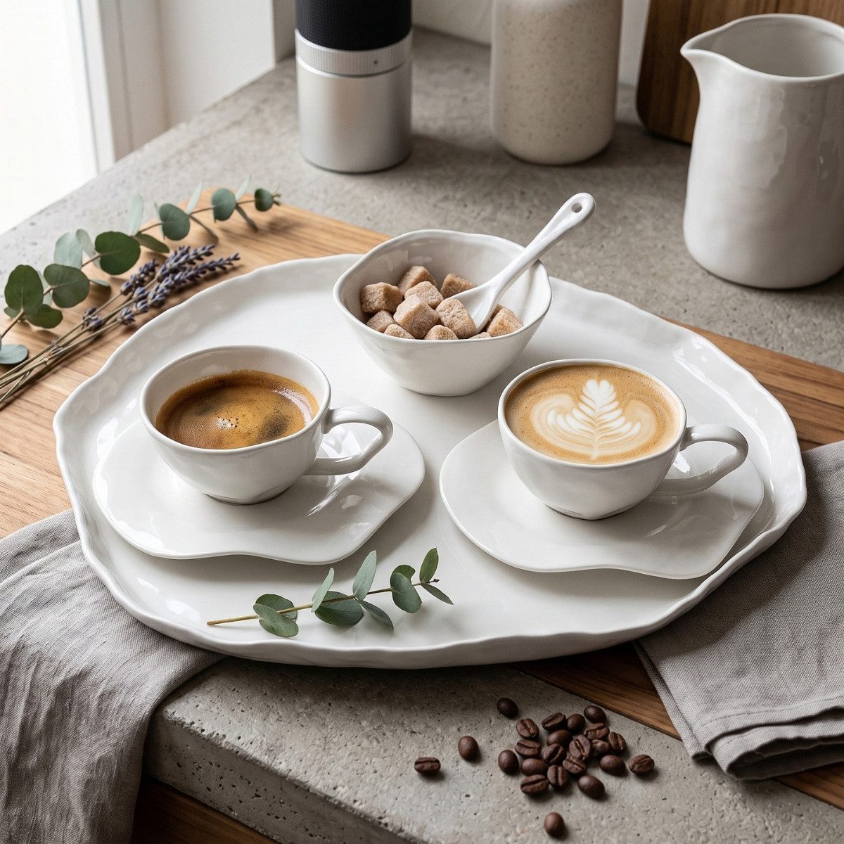 Bricard Kaffeeservice 6-teiliges Porzellan-Set mit organischem Wellen-Design, 2 Personen, 80ml, weiß, Porzellan, 2 Personen