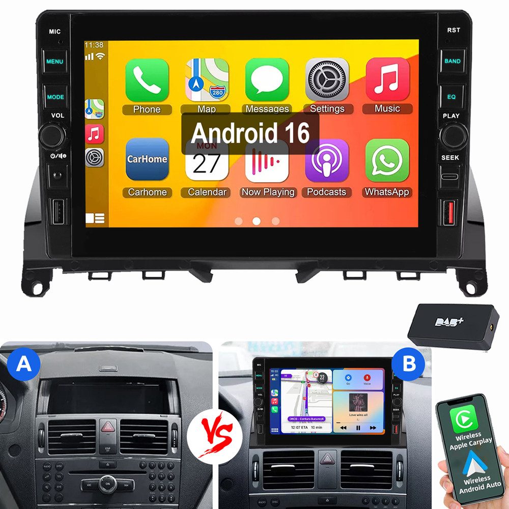 ESSGOO Für Mercedes Benz C-Klasse W204 S204 2008-2010 Android 16 Carplay Autoradio (RDS, Digitalradio (DAB), FM)