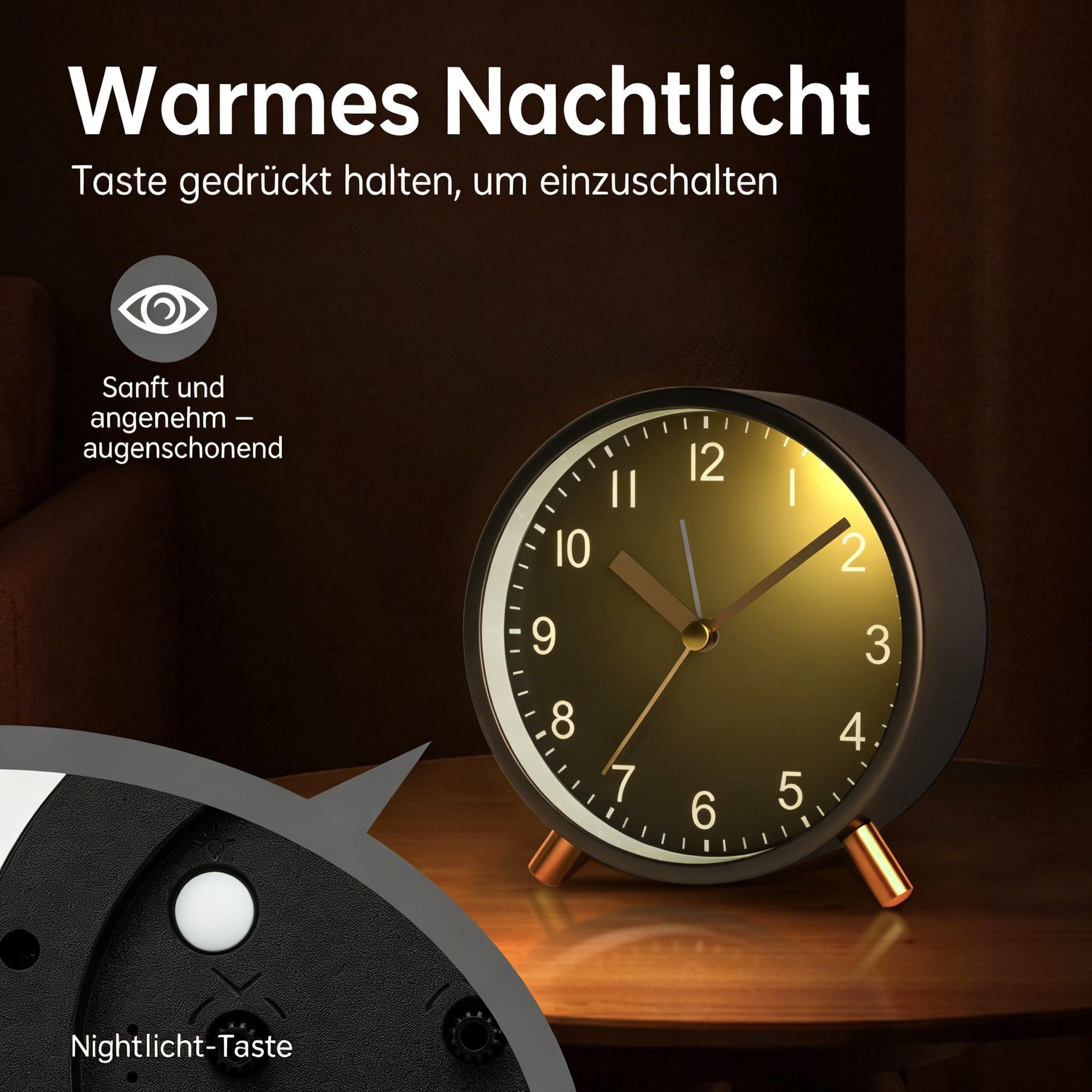 nsihing Kinderwecker Wecker Analog Superleise mit Nachtlicht, Batteriebetrieben, 4 Zoll Rund, Metall, Einfaches Design für Schlafzimmer, Büro, Nachtisch – Bild 3 von 5